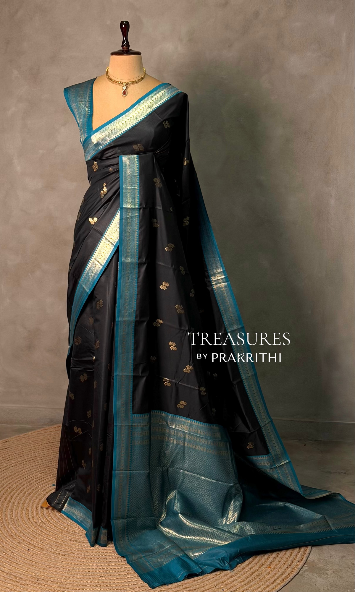Black and Peacock Blue silk saree - PBR23