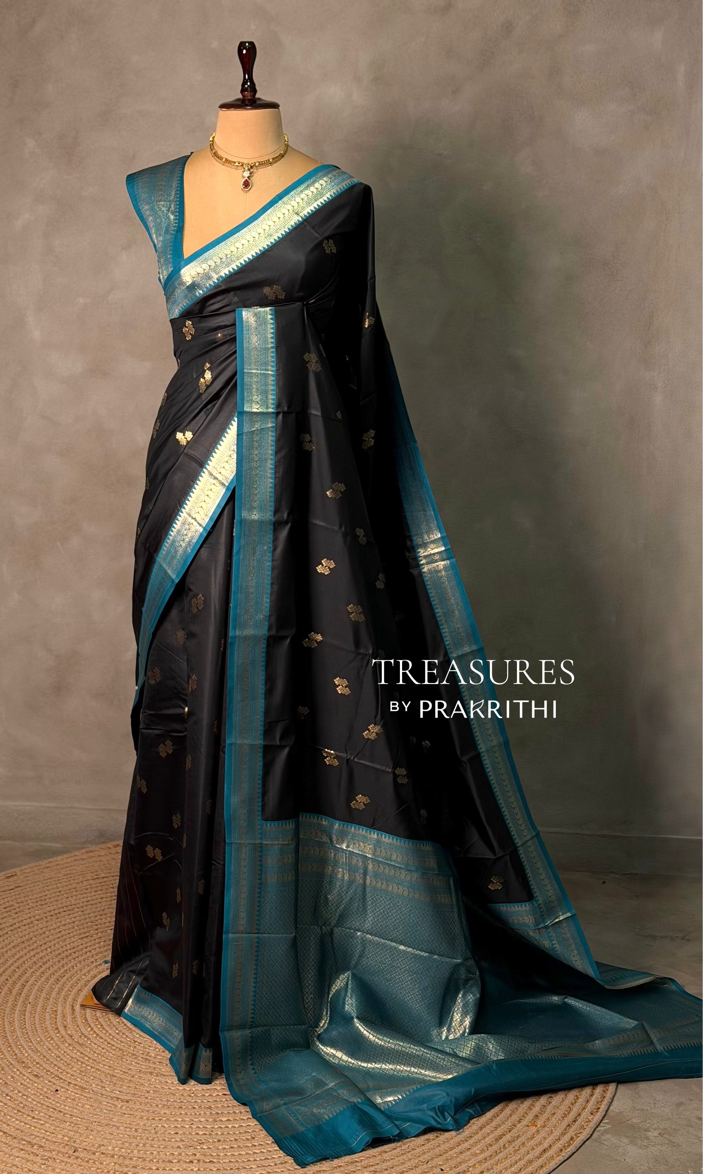 Black and Peacock Blue silk saree - PBR23