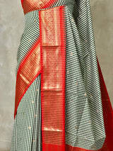 White, Green and Red Silk saree - PBRZU4B