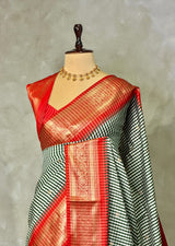 White, Green and Red Silk saree - PBRZU4B
