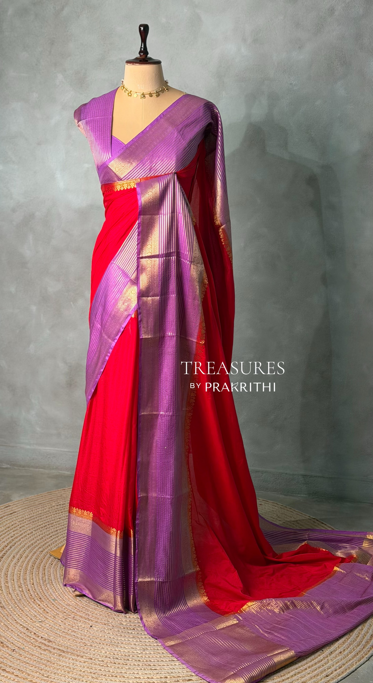 Red and dark lavender crepe silk saree- GAL11D