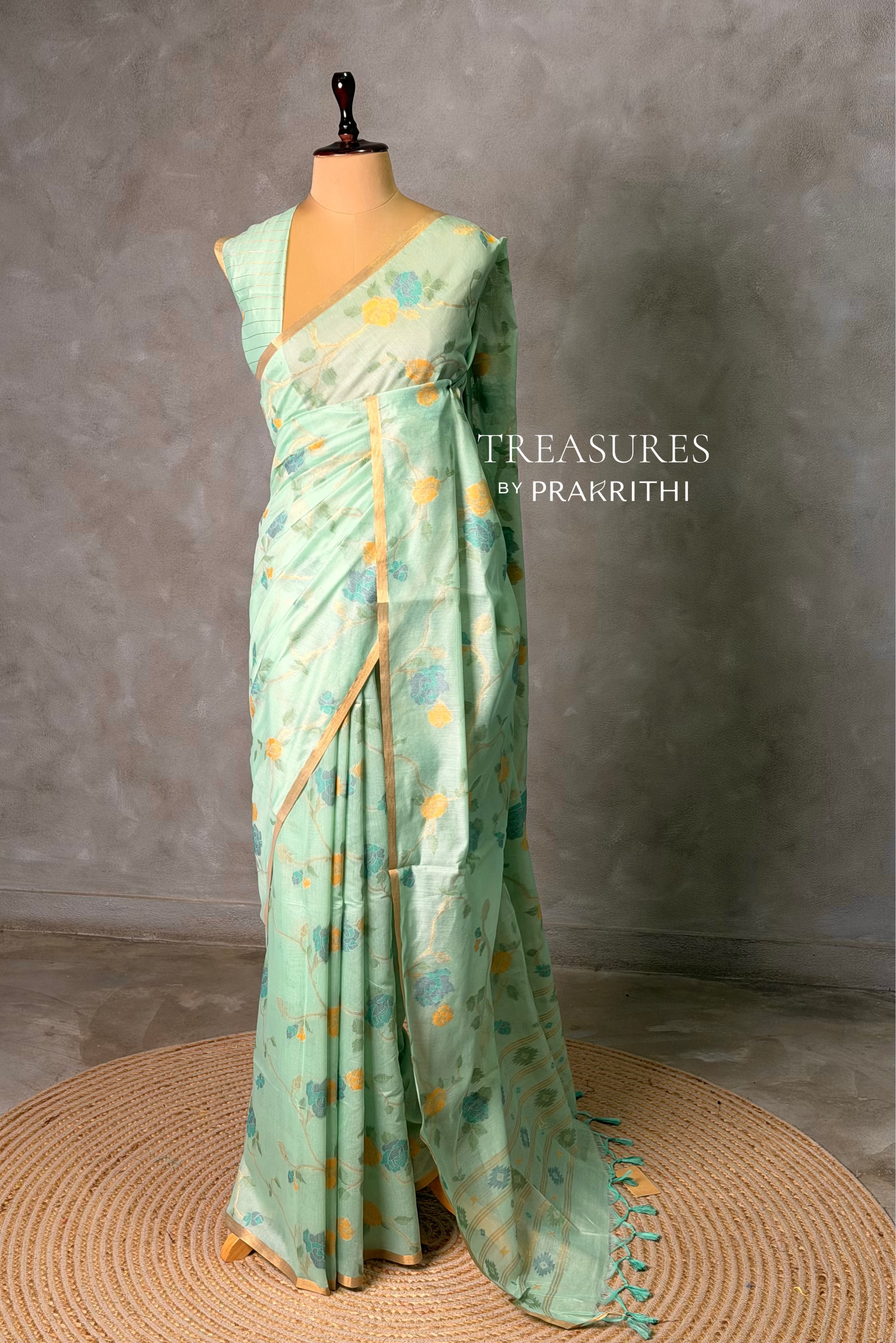 Pastal Green Chanderi silk cotton Jamdani woven saree- PBRJ31