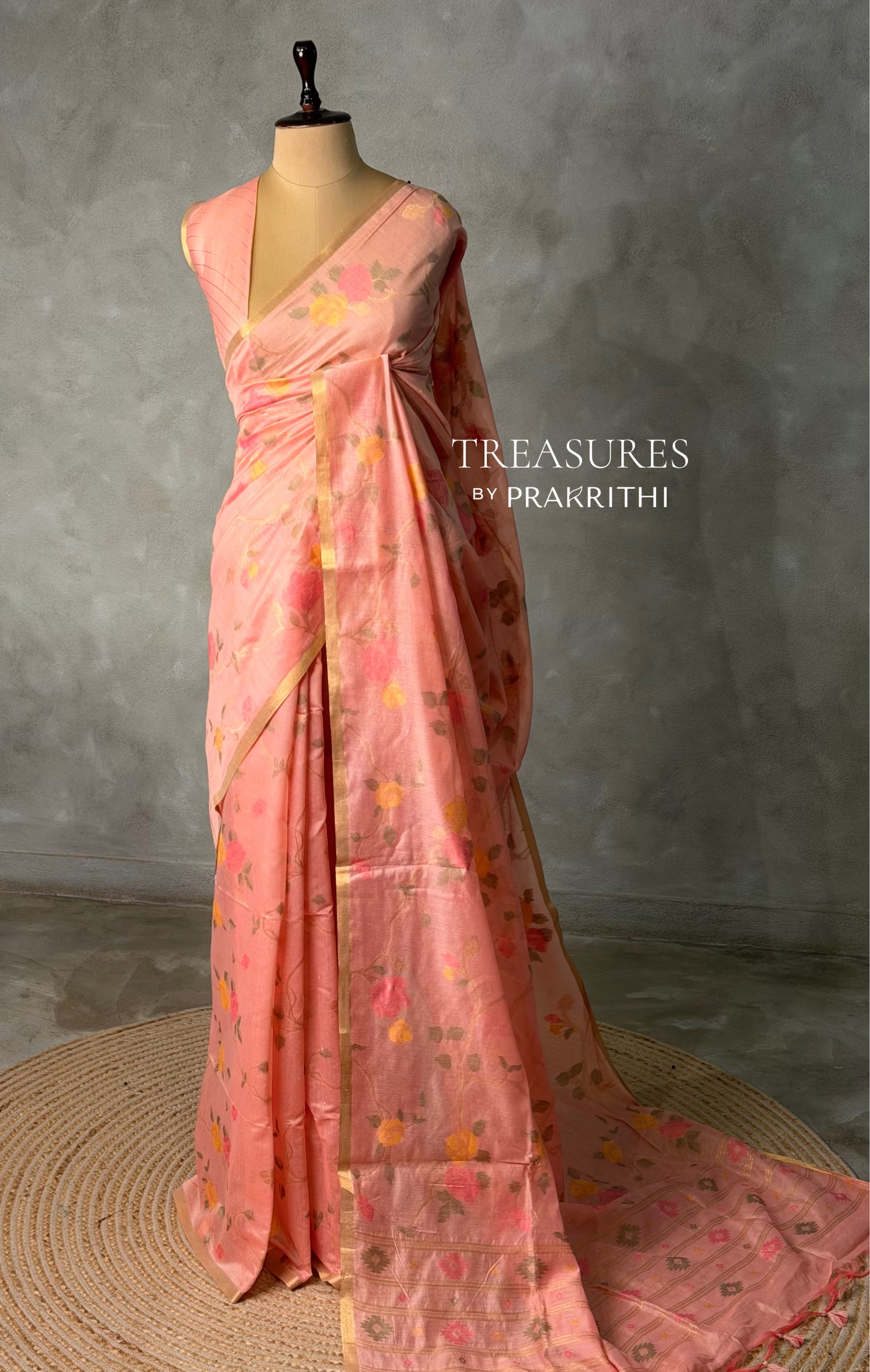 Peach Chanderi silk cotton Jamdani woven saree- PBRJ32