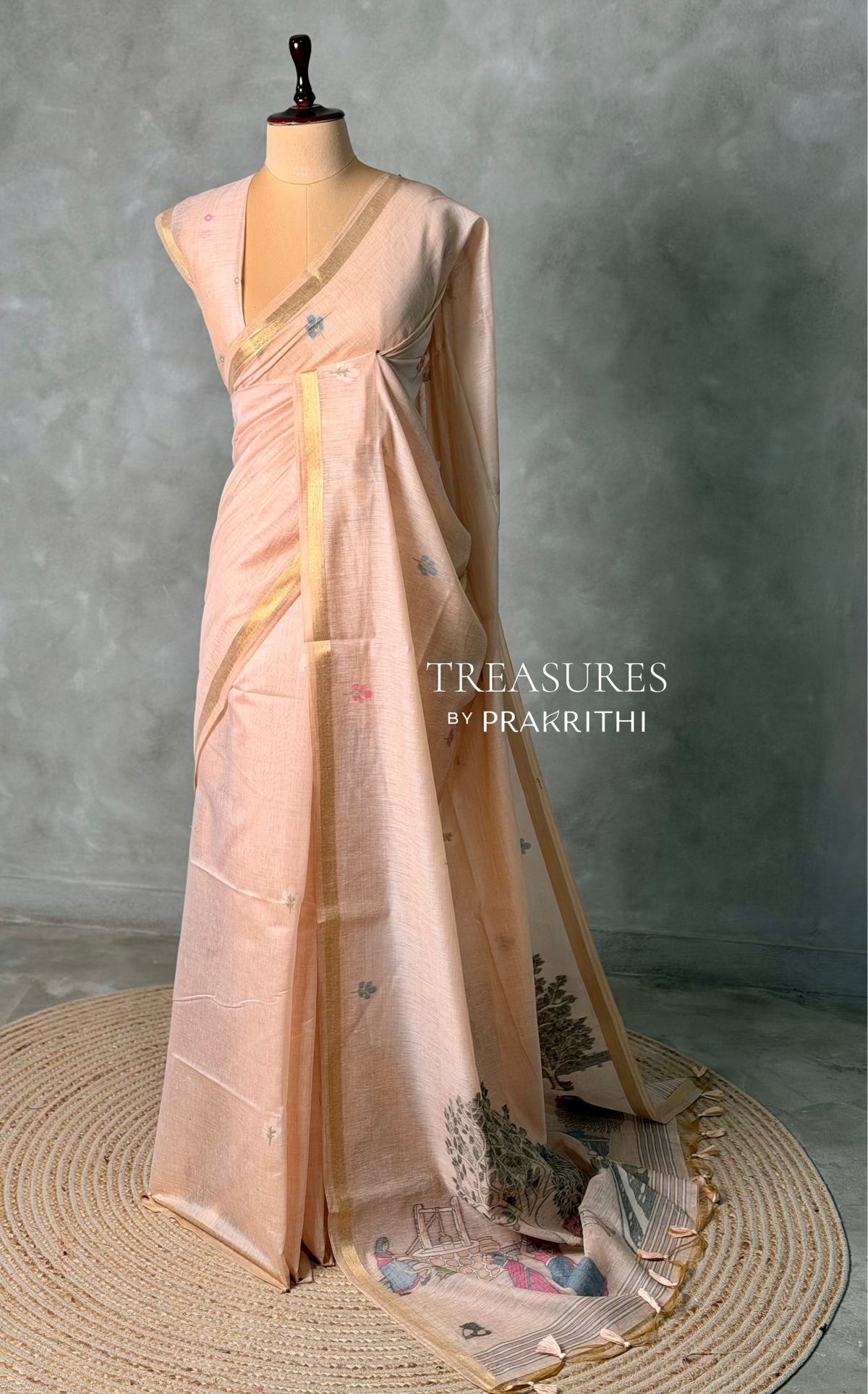 Nude pink Jamdani Silk cotton saree- PBR27B