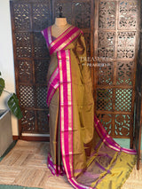 Mustard yellow and magenta Semi banarasi silksaree -PFAZ6