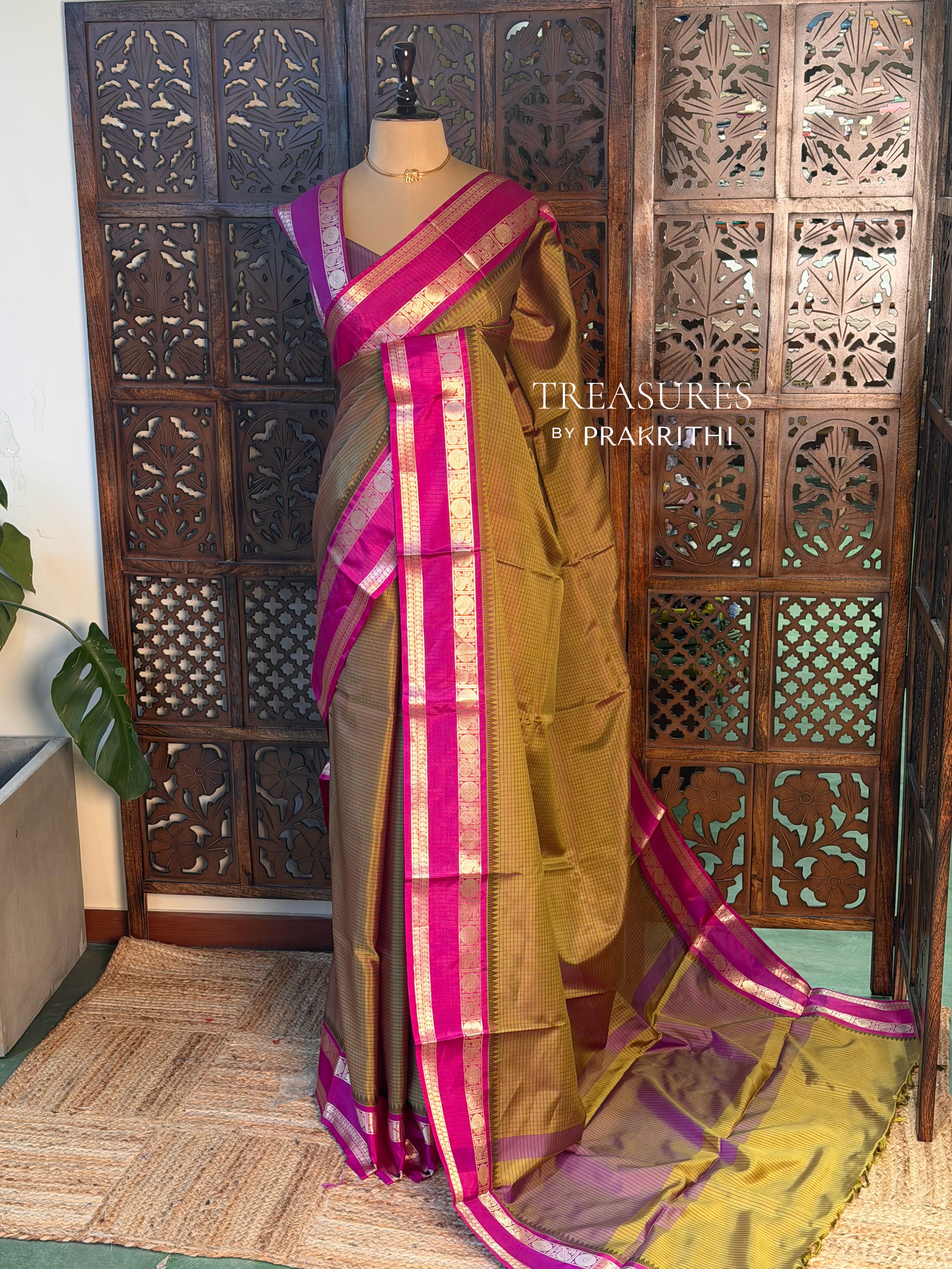 Mustard yellow and magenta Semi banarasi silksaree -PFAZ6