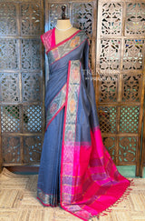 Grey and Pink Handloom silk cotton saree - PBRMH1G
