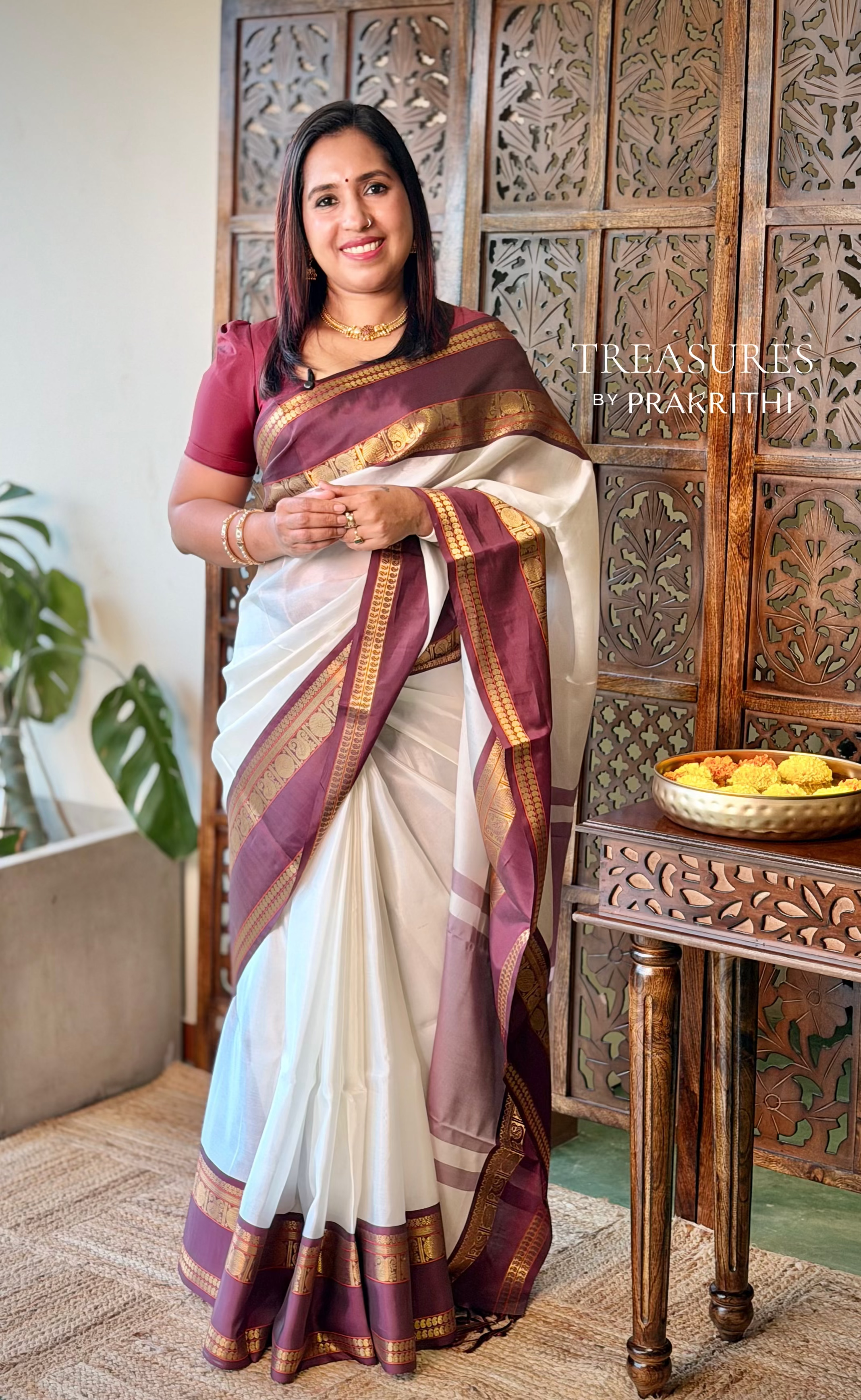 Off white and Deep Purple Banarasi silk saree - ONAM26B
