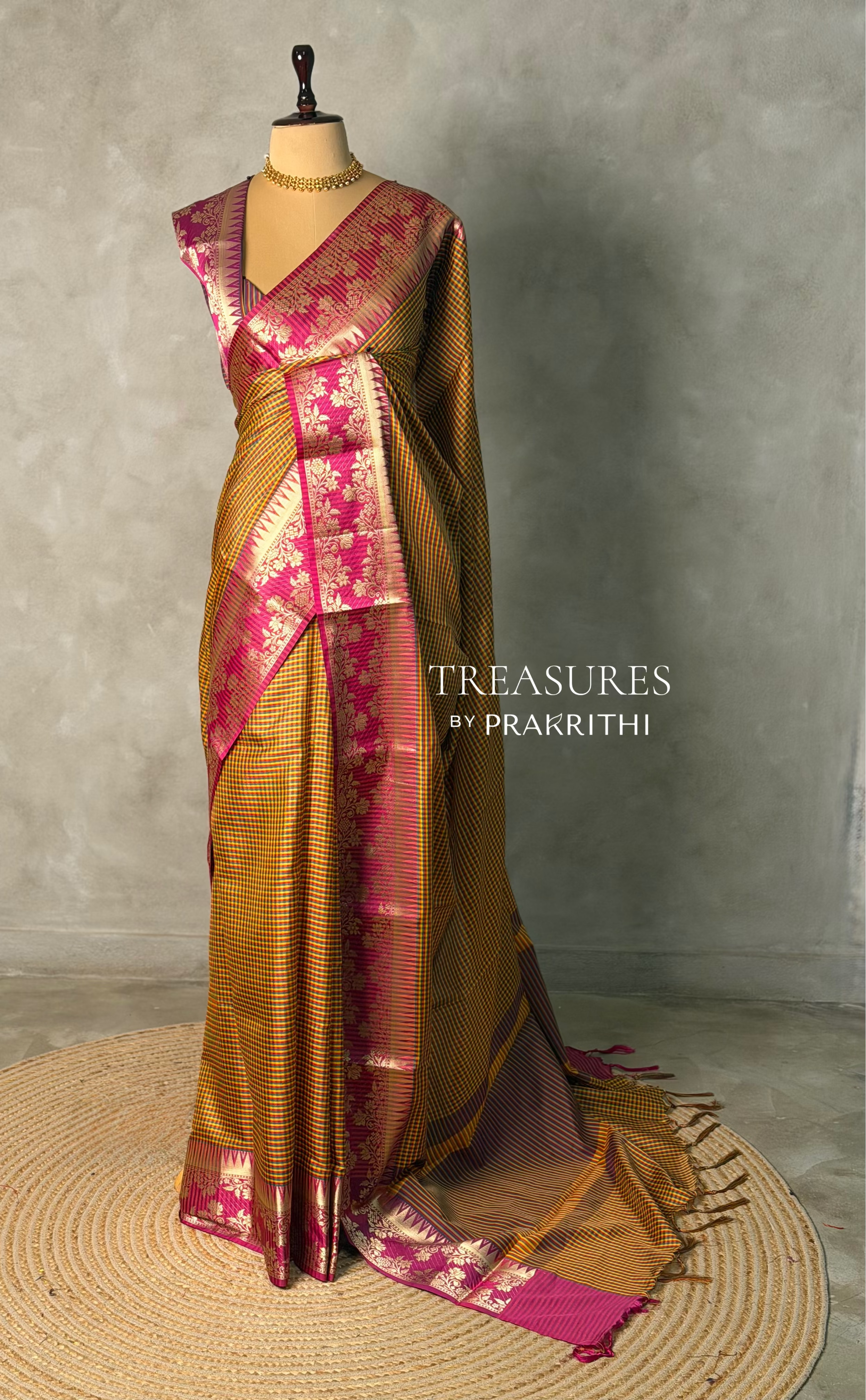 Mustard yellow and Magenta semi silk saree - PFAZ15