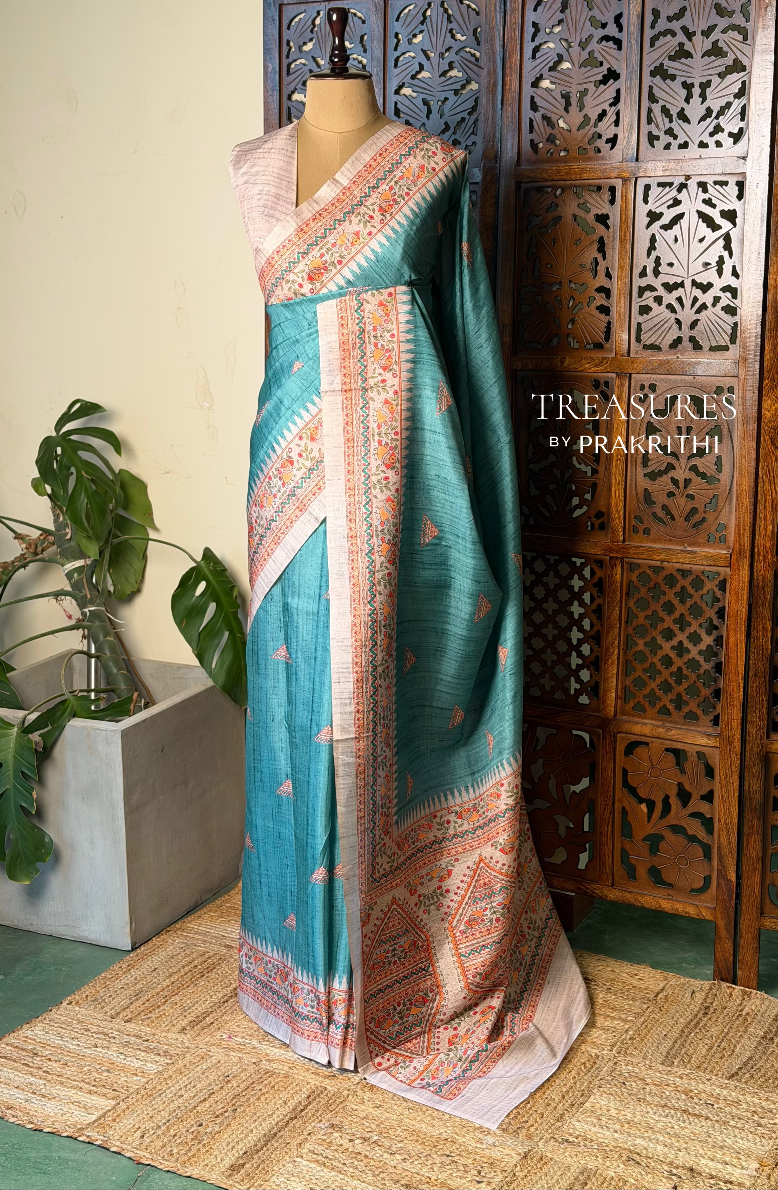 Aqua blue semi tusser saree- PBR31