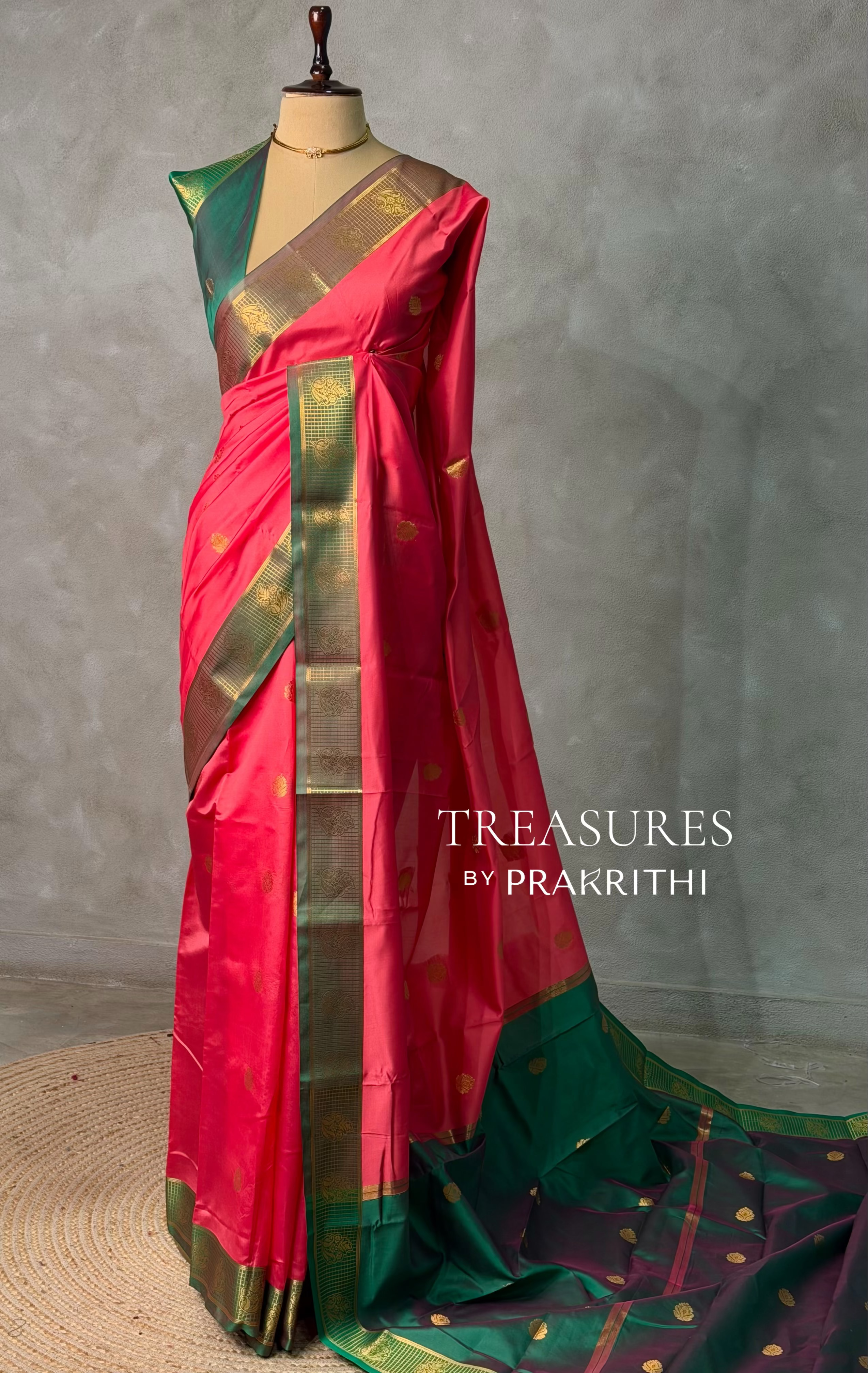Dark peach and Green semi kanchipuram soft silk saree - PSSN175