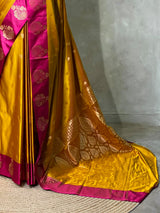 Yellowish green and magenta satin Banarasi silk saree - PRAZ6