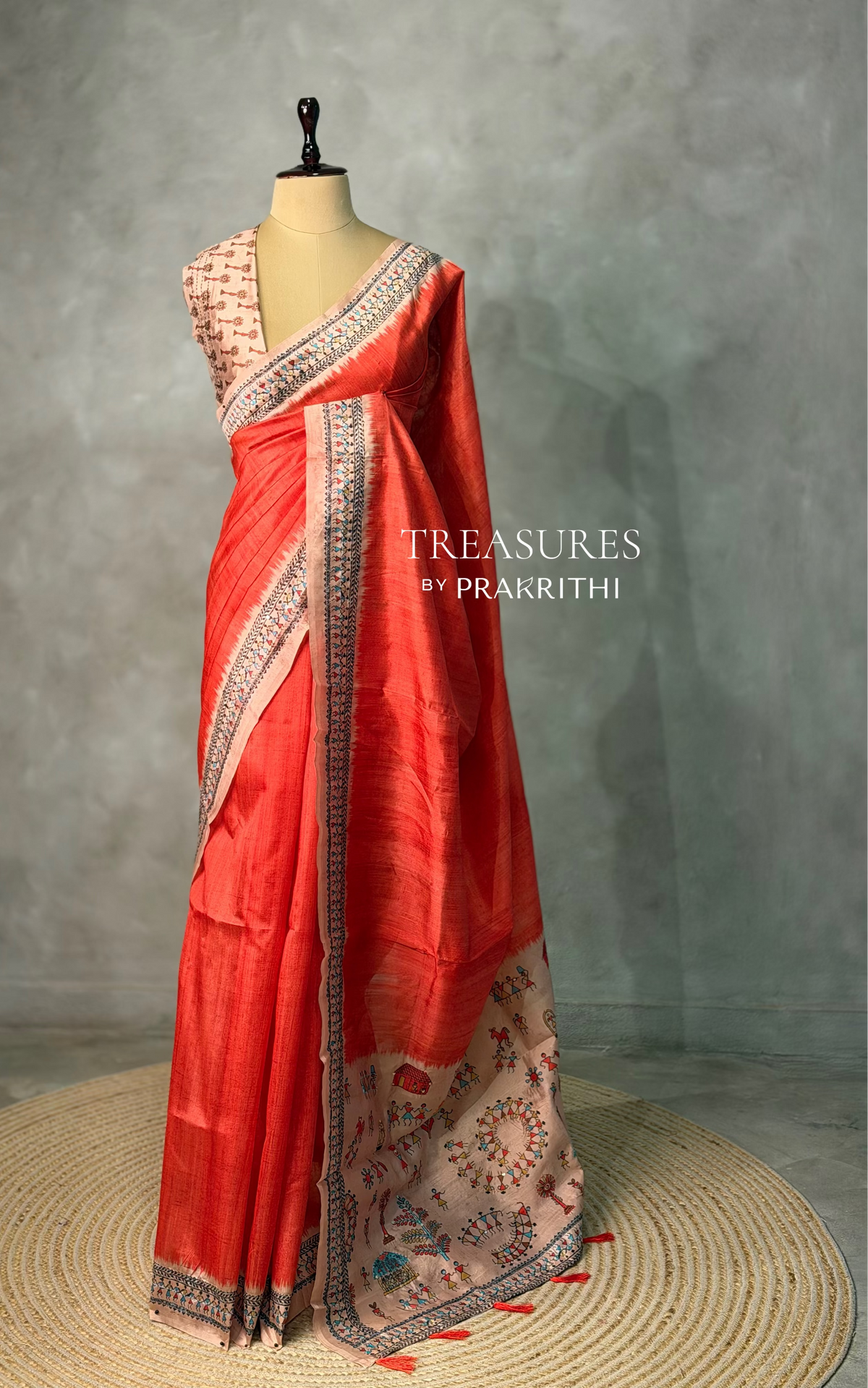 Orange Tusser Silk saree- PBR33T4