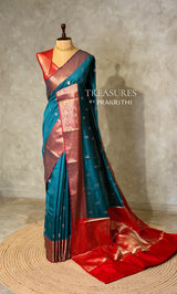 Peacock blue and Red Silk saree - PBRZU7