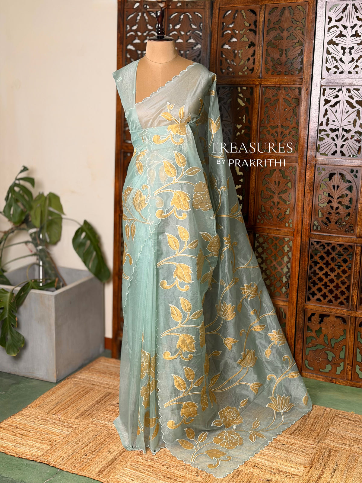 Pastal Green and goldorganza silk saree- PBR43F