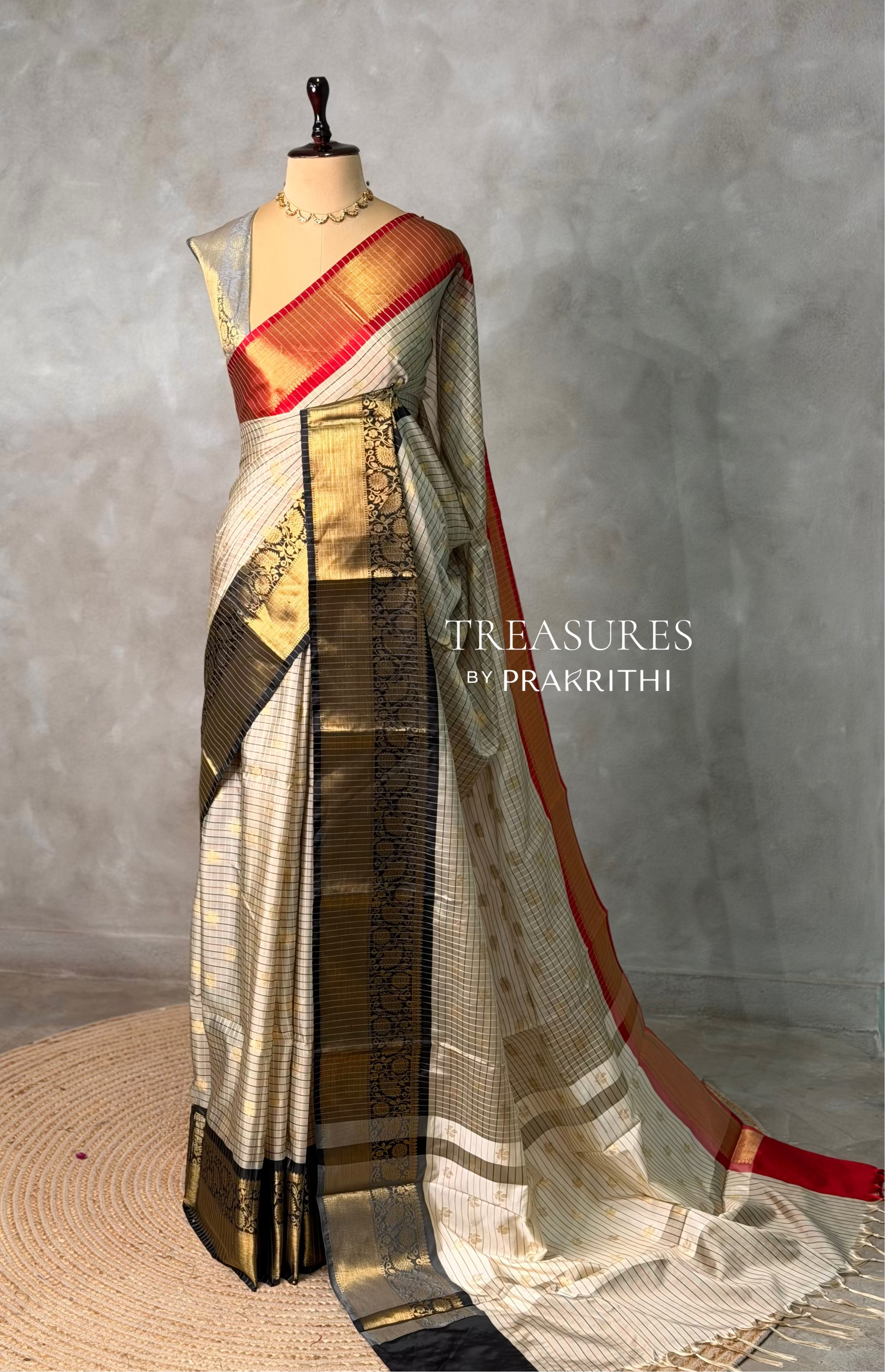 Off whire ,red and black Banarasi silk saree -LZ13