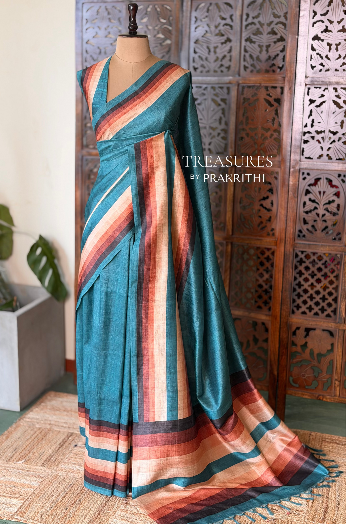 Blue tusser silk saree- PBR44E