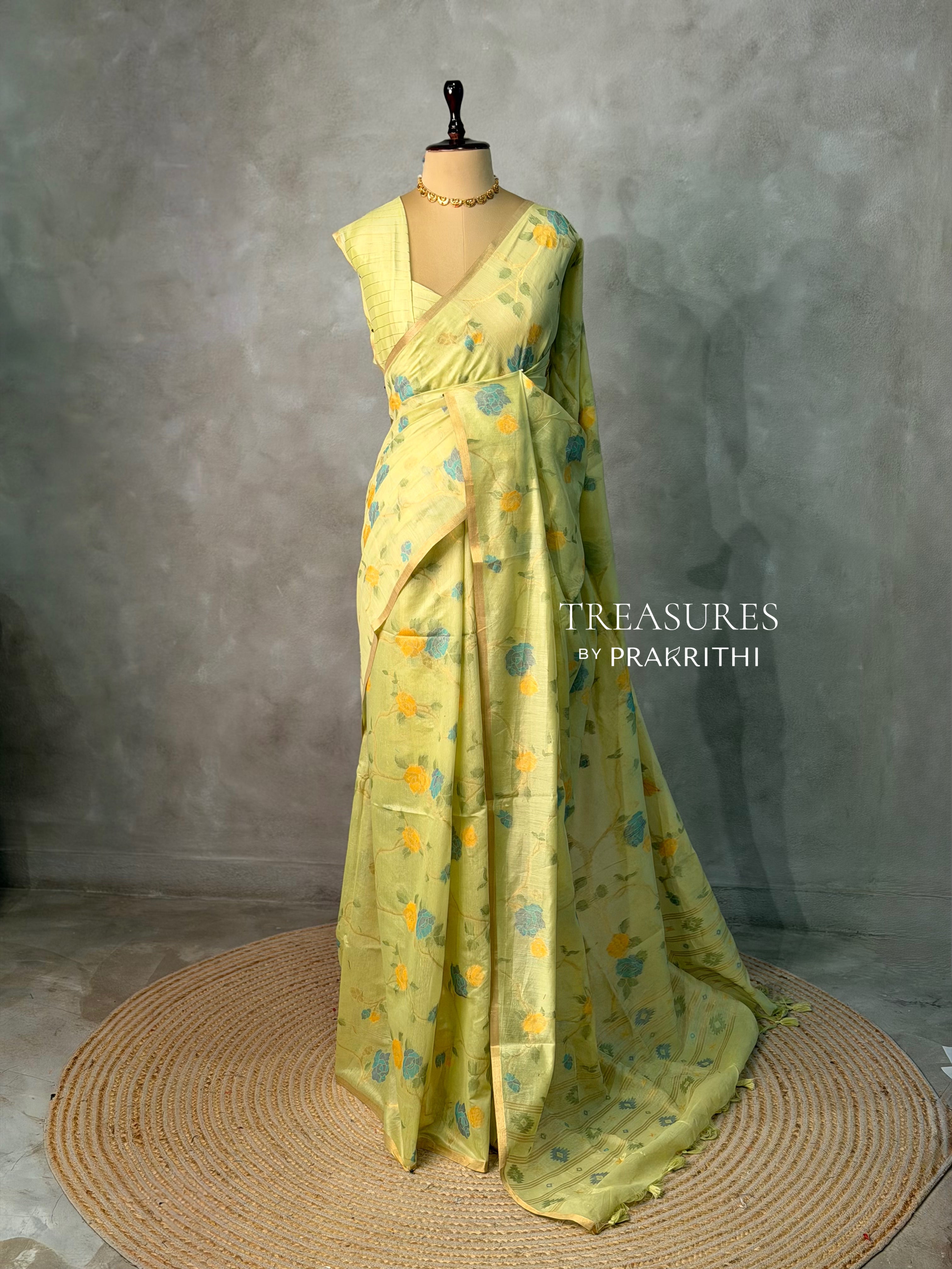 Green Chanderi silk cotton Jamdani woven saree- PBRJ36