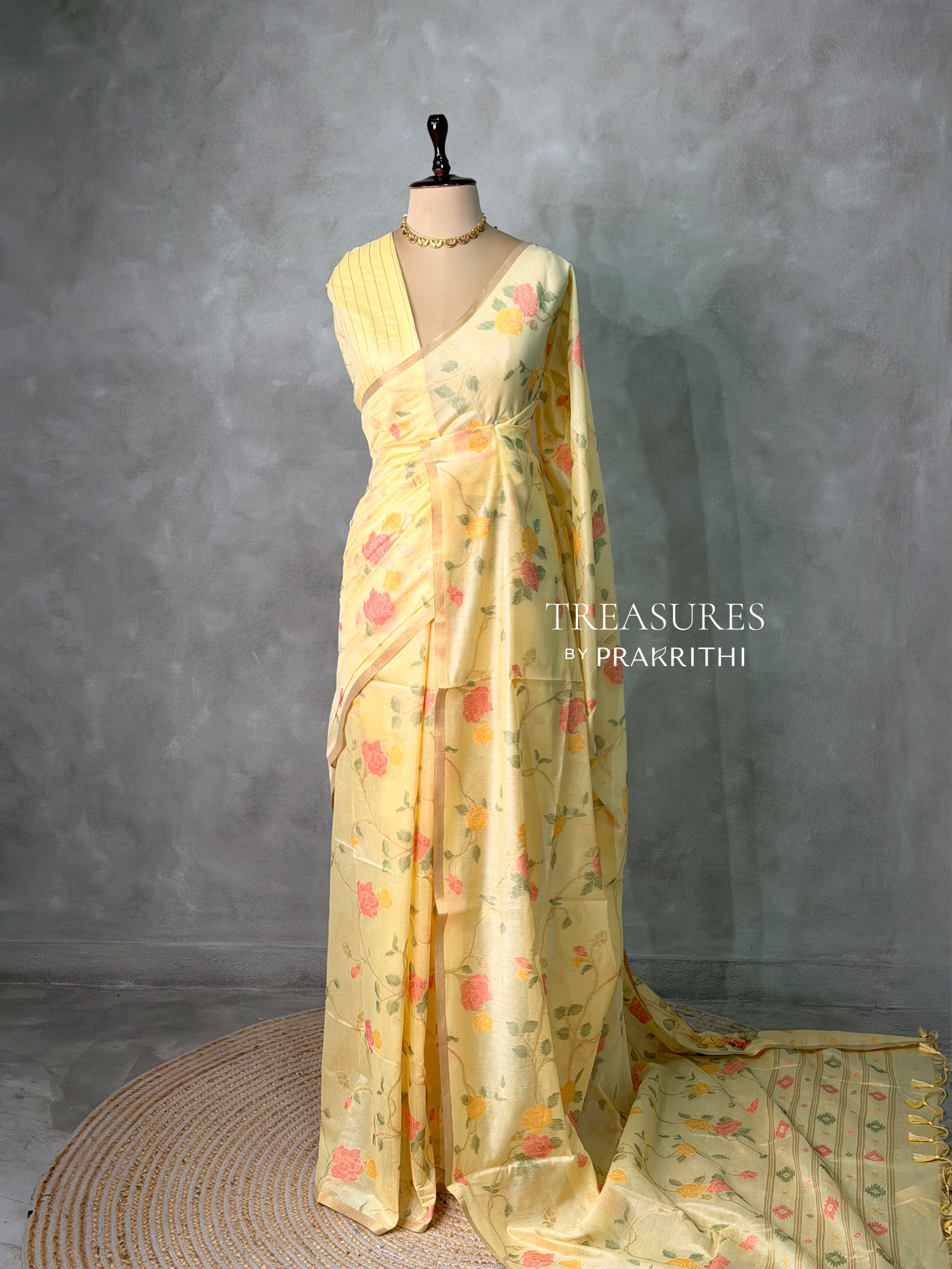 Yellow Chanderi silk cotton Jamdani woven saree- PBRJ35