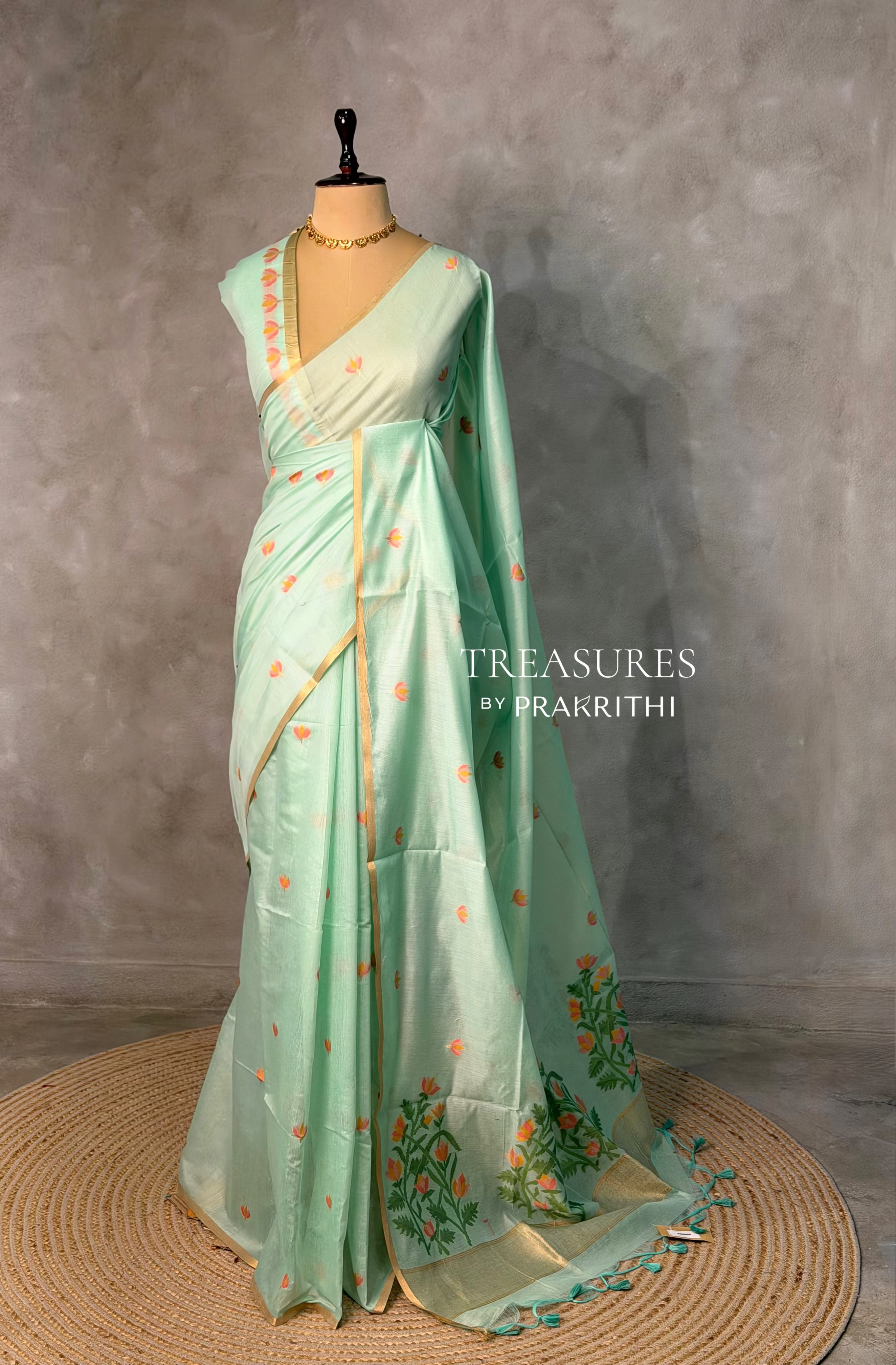 Pastal Green Chanderi silk cotton Jamdani woven saree- PBRJ18