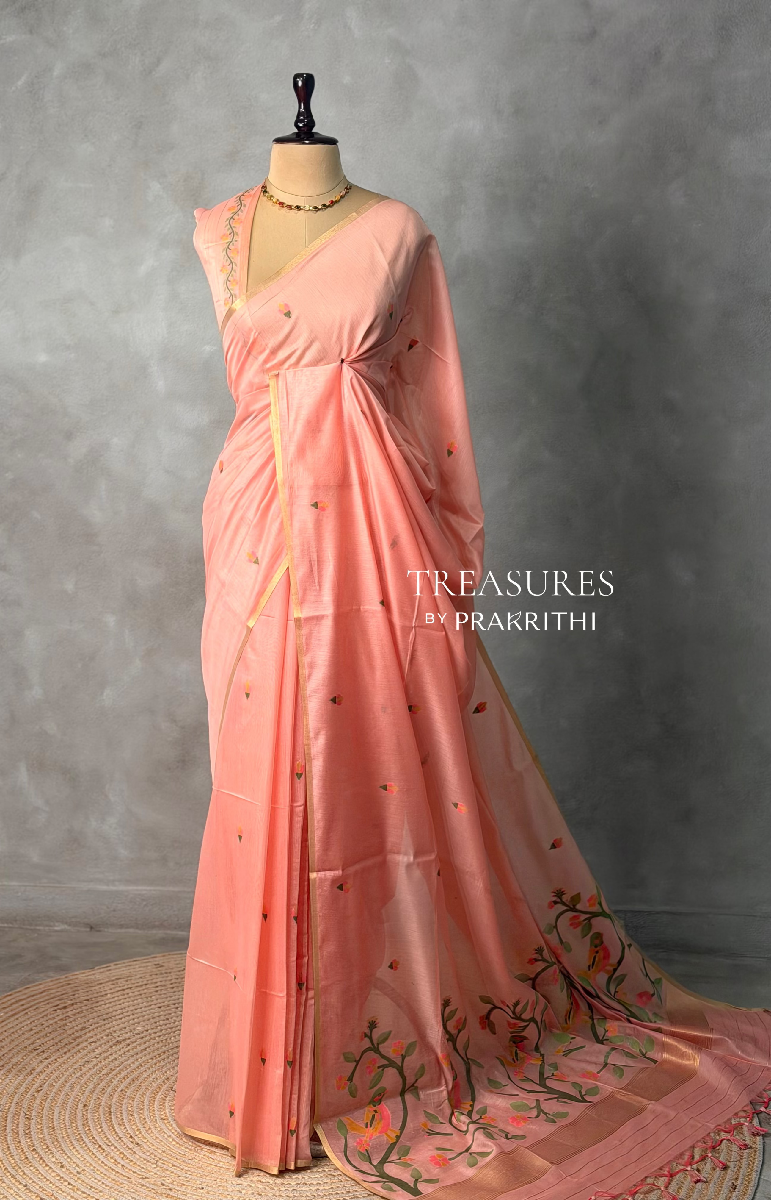 Peach Chanderi silk cotton Jamdani woven saree- PBRJ4