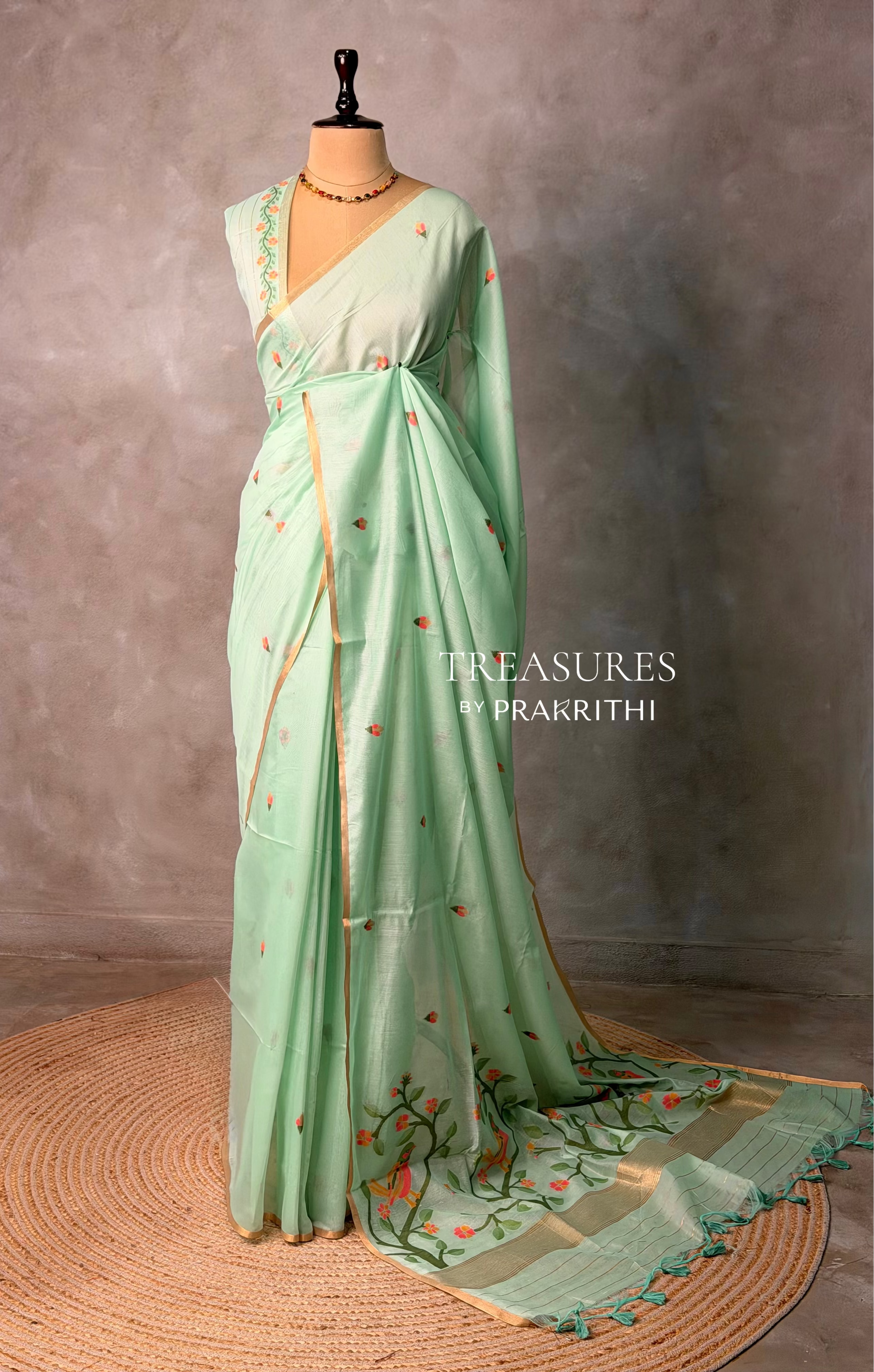 Pista Green Chanderi silk cotton Jamdani woven saree- PBRJ3