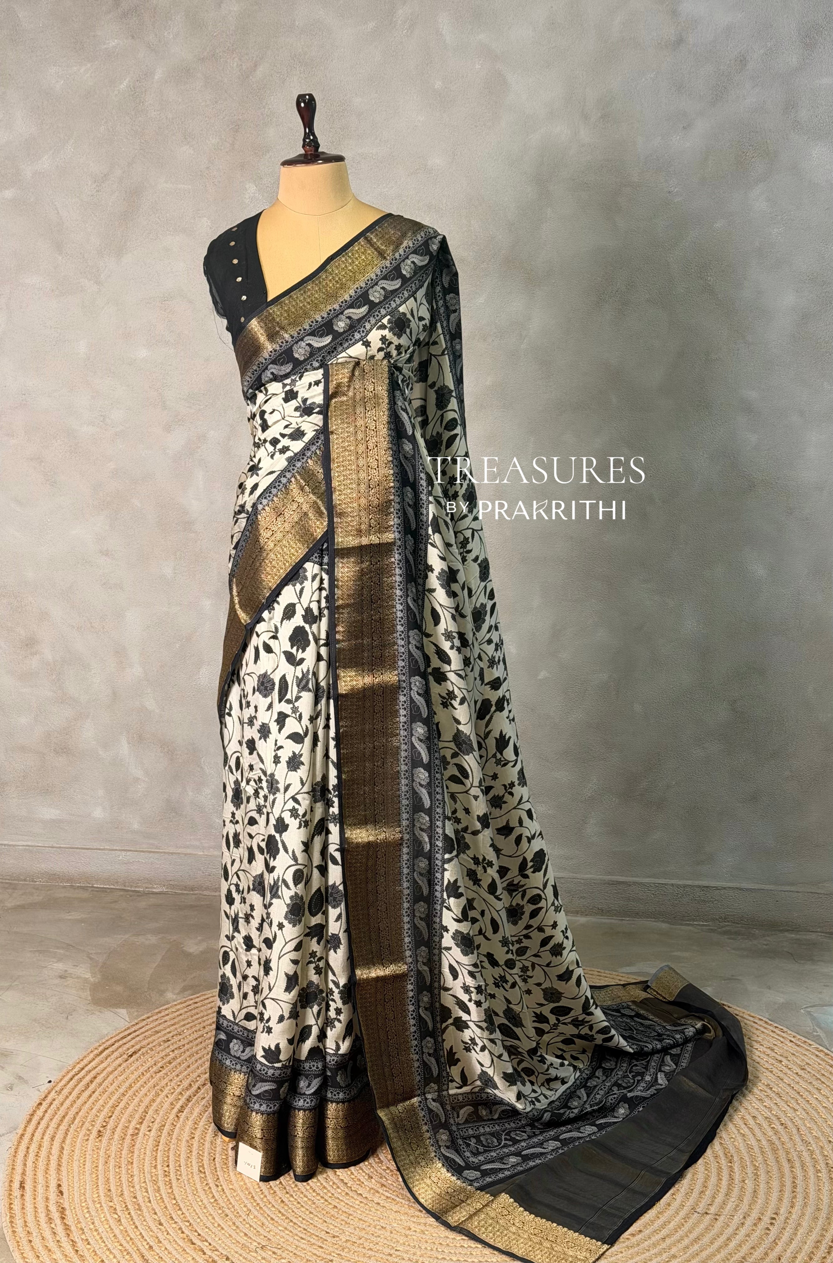 White and black Dola silk saree- PBR57F1