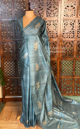 Steel Blue Tiger woven Tusser Silk saree- PBR62B