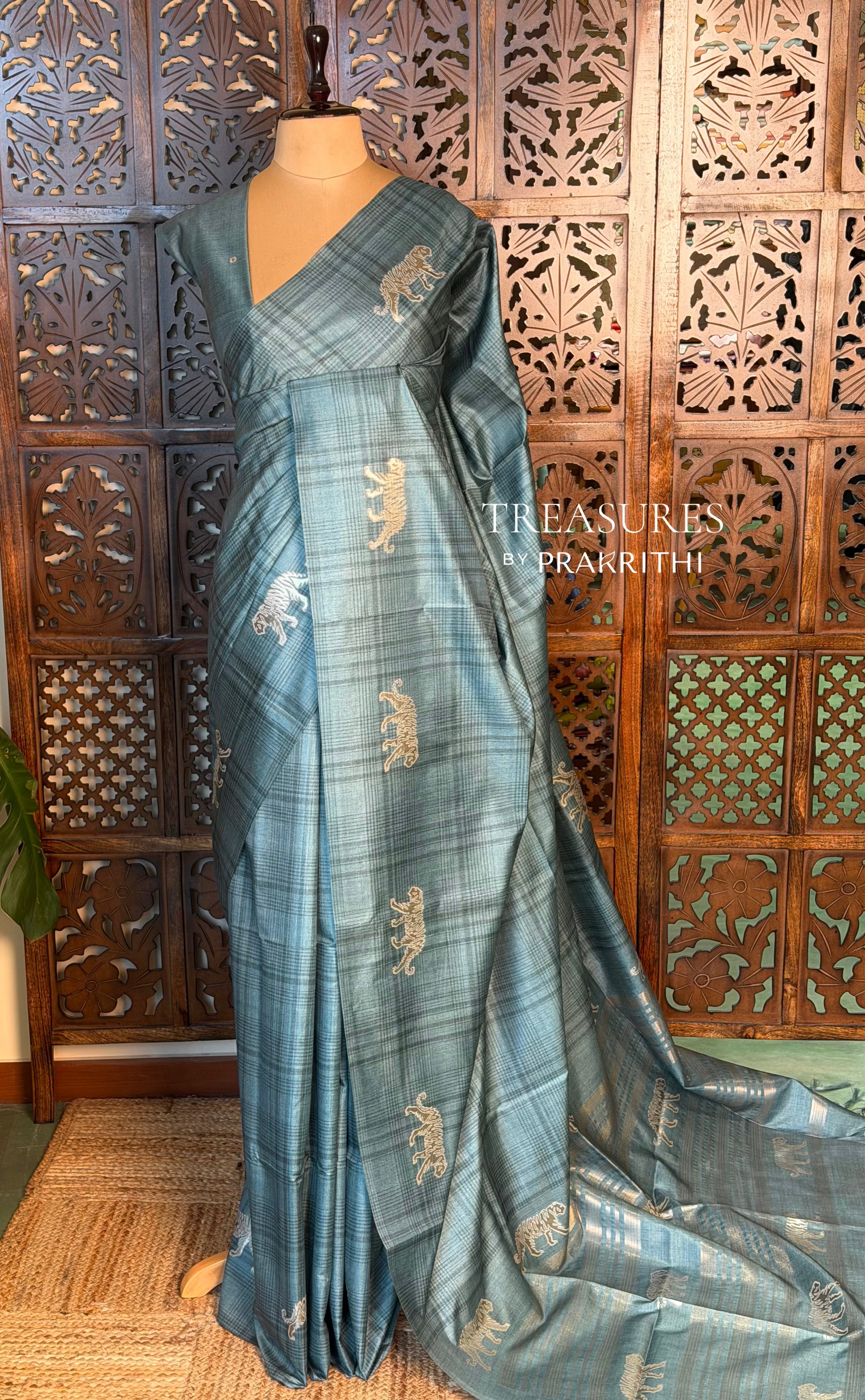 Steel Blue Tiger woven Tusser Silk saree- PBR62B