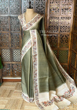 Olive Green Tusser Silk saree- PBR63K