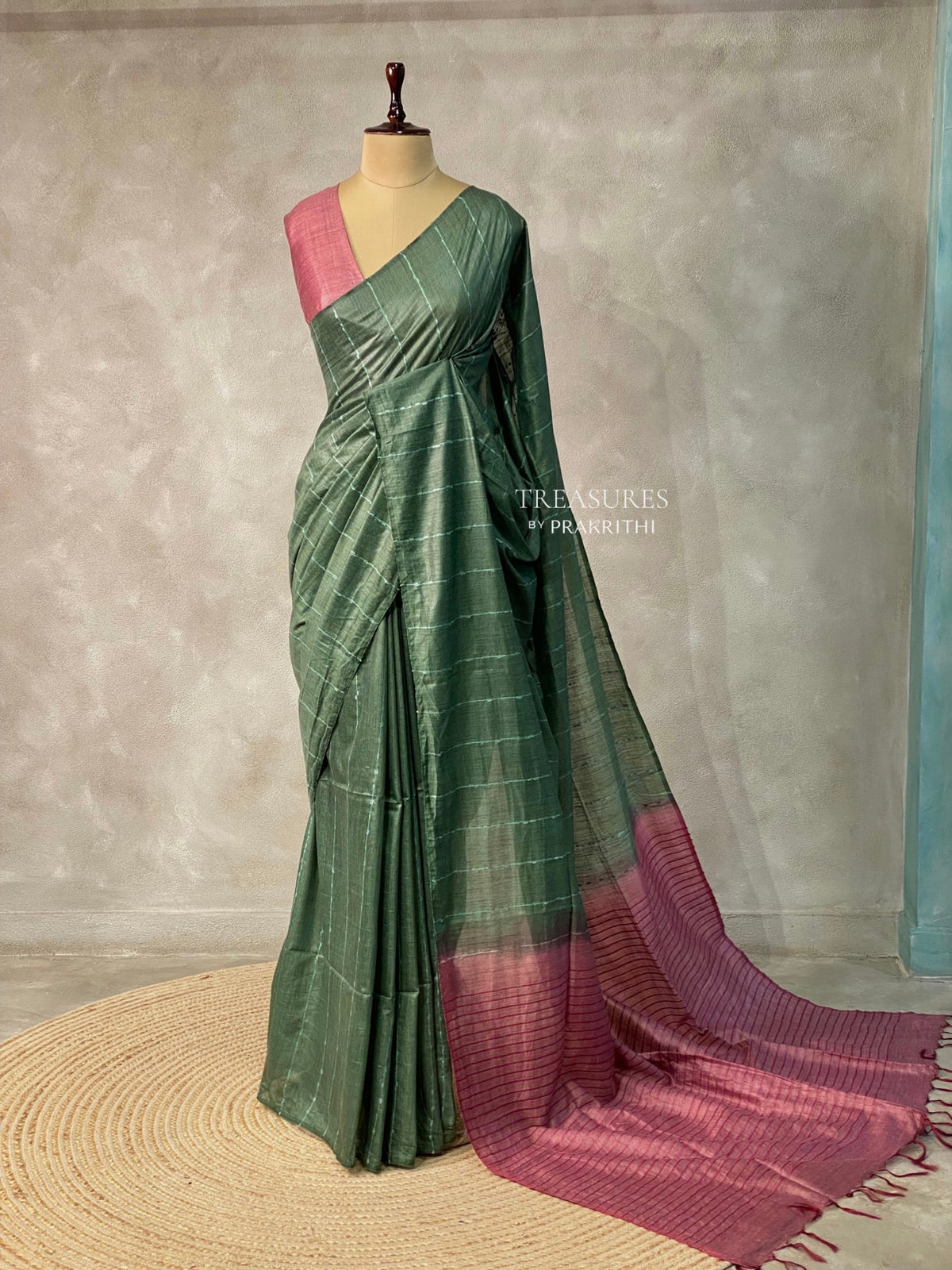 Moss green and onion pink Tusser silk saree -SOT18
