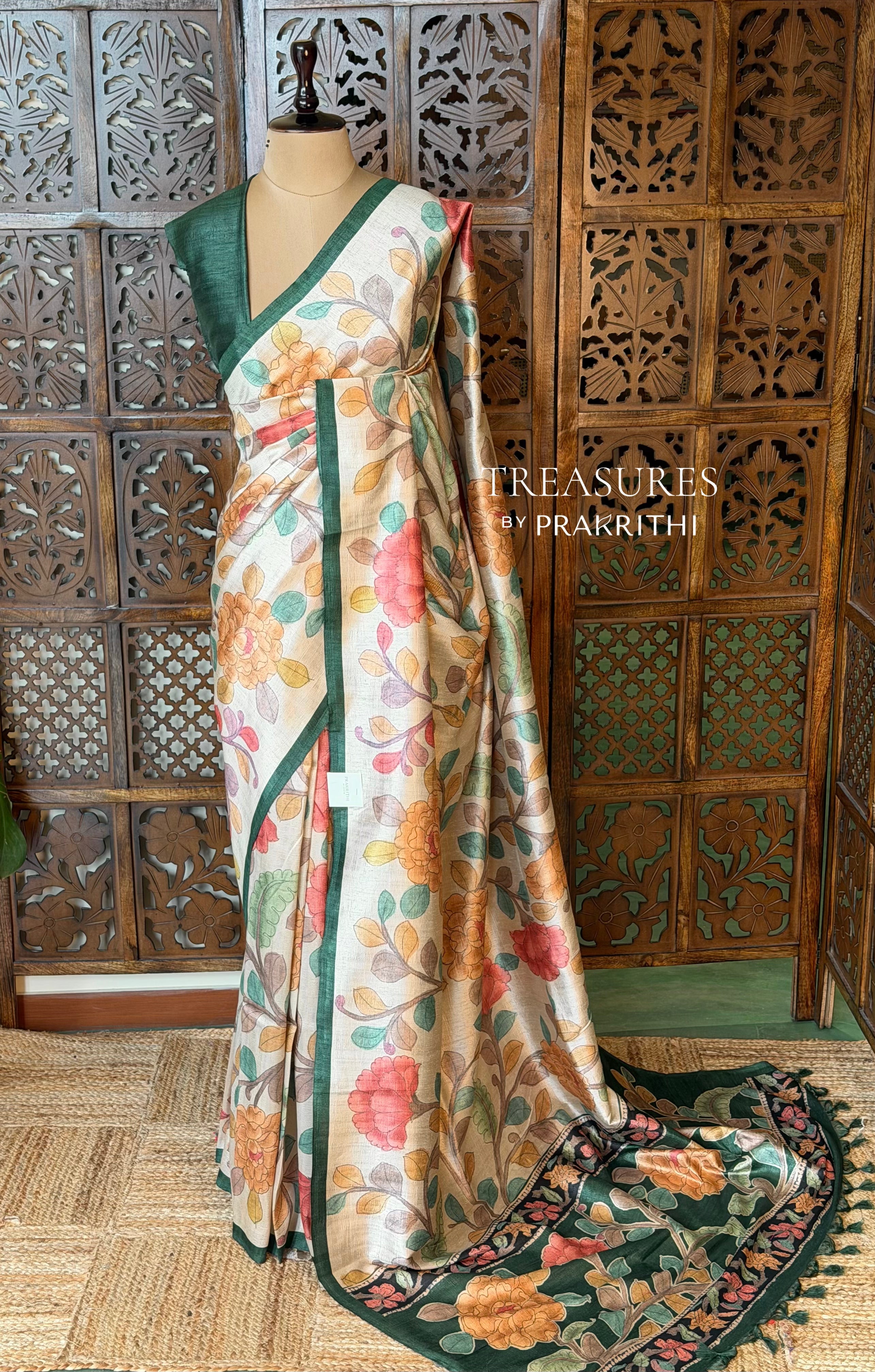 Sandal and Green Tusser saree- PBR31T2F