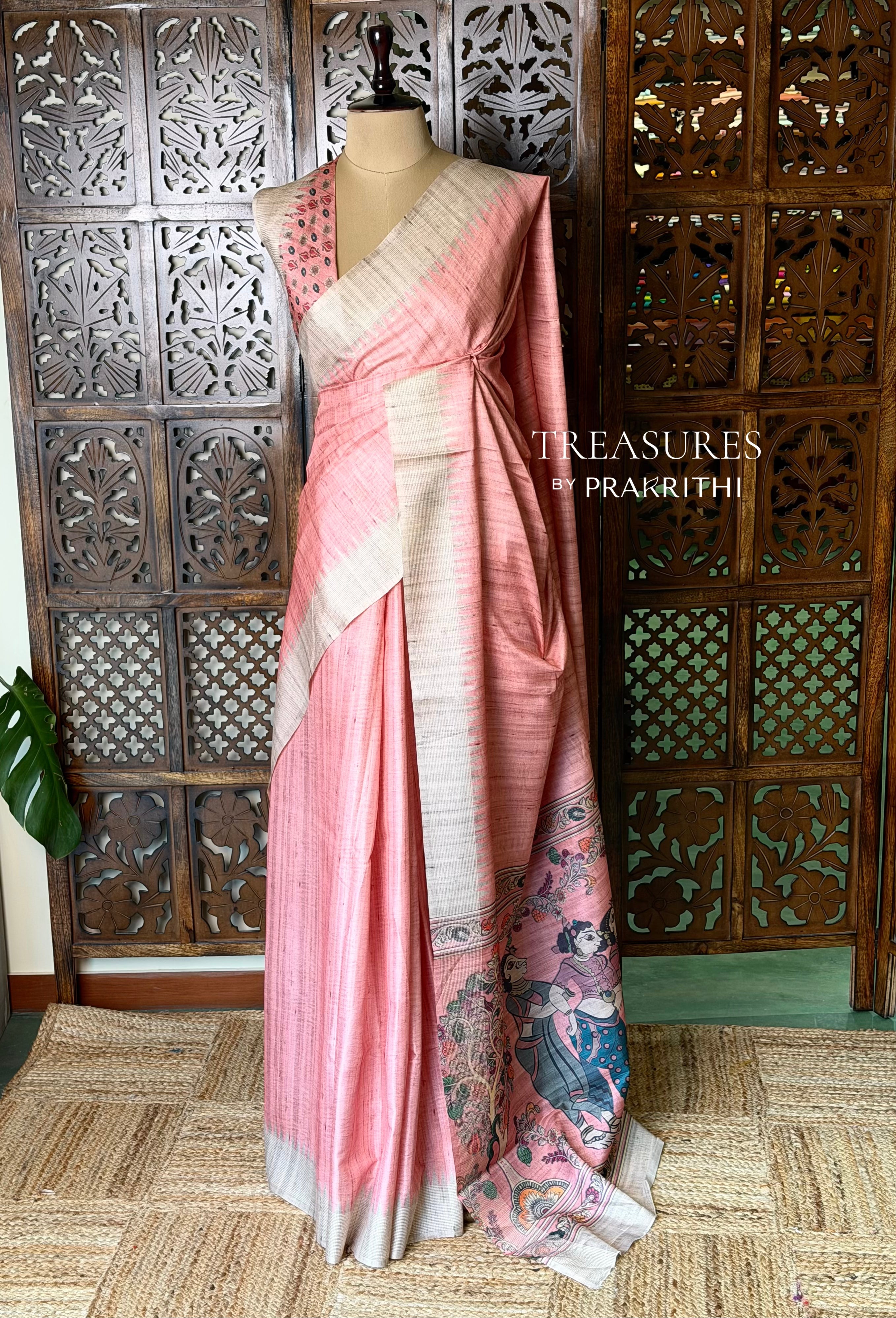 Pinkish Peach Tusser saree- PBR31T4A