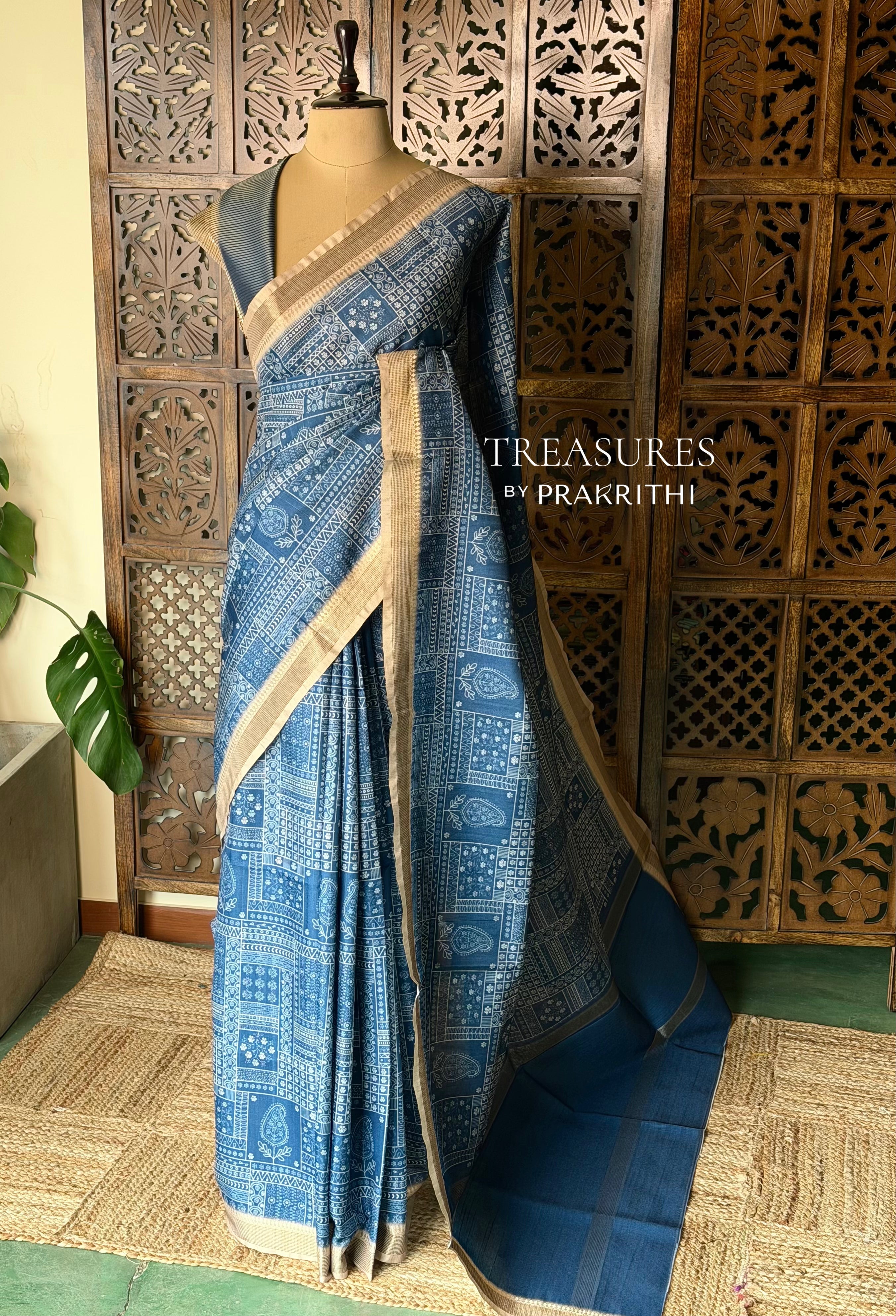 Blue Tusser silk saree- PBR31T3A