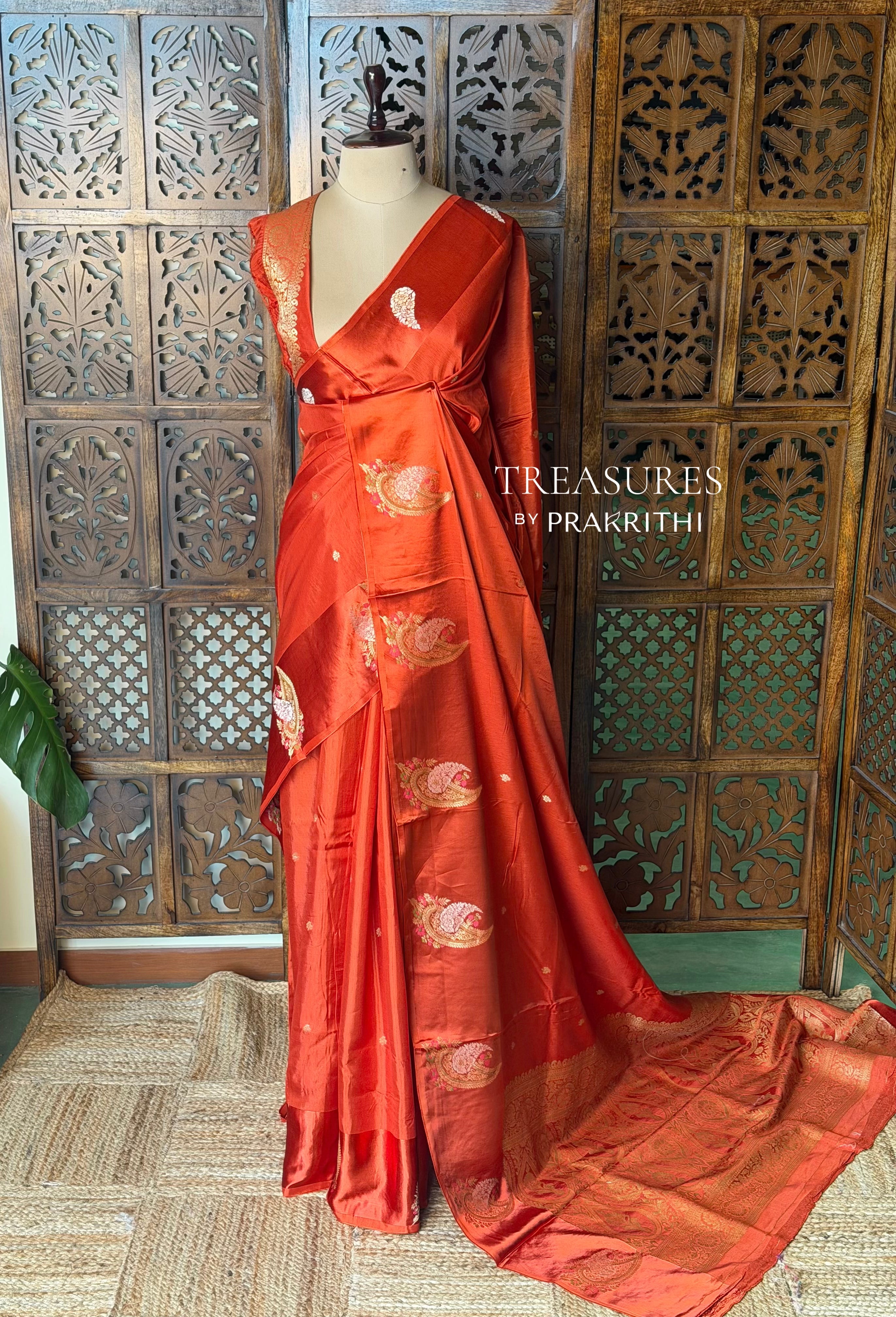 Rust Orange Banarasi Crape silk saree - PBRHB7