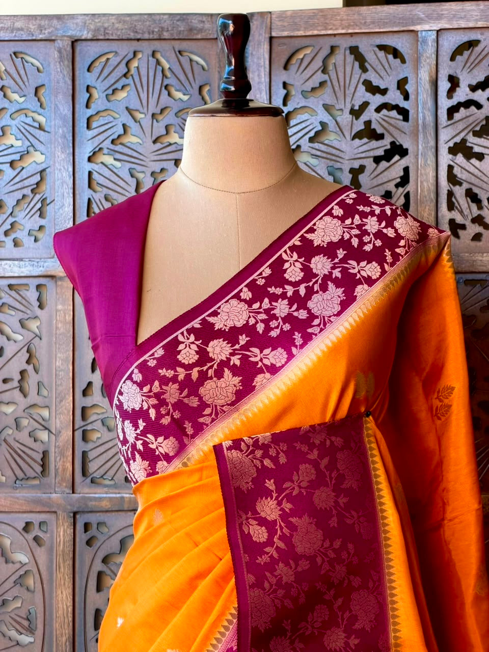Yellow and Purple Banarasi Crape silk saree - PBRHD2