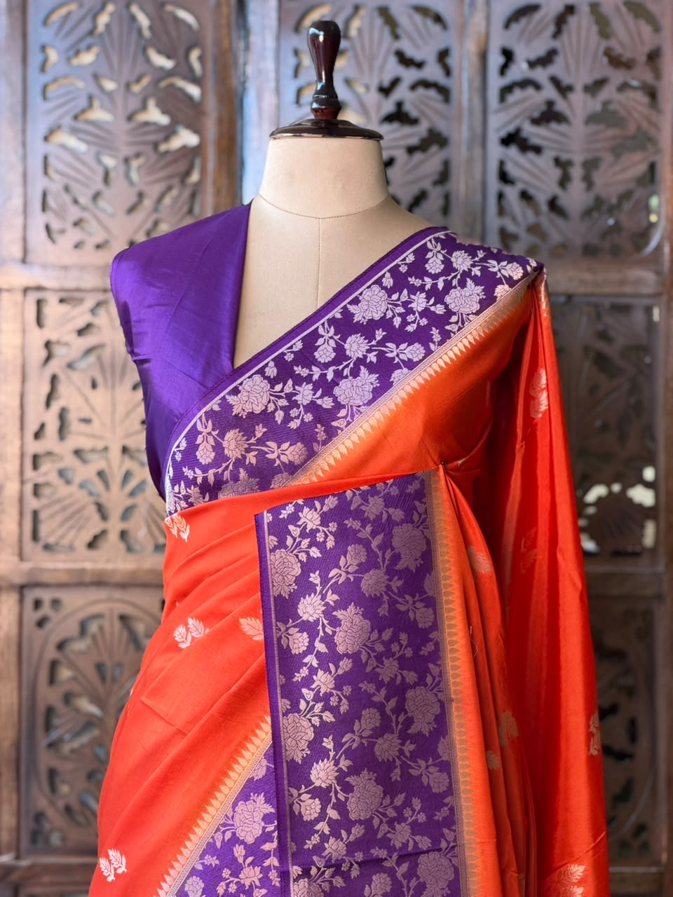 Orange and Violet Banarasi Crape silk saree - PBRHD5