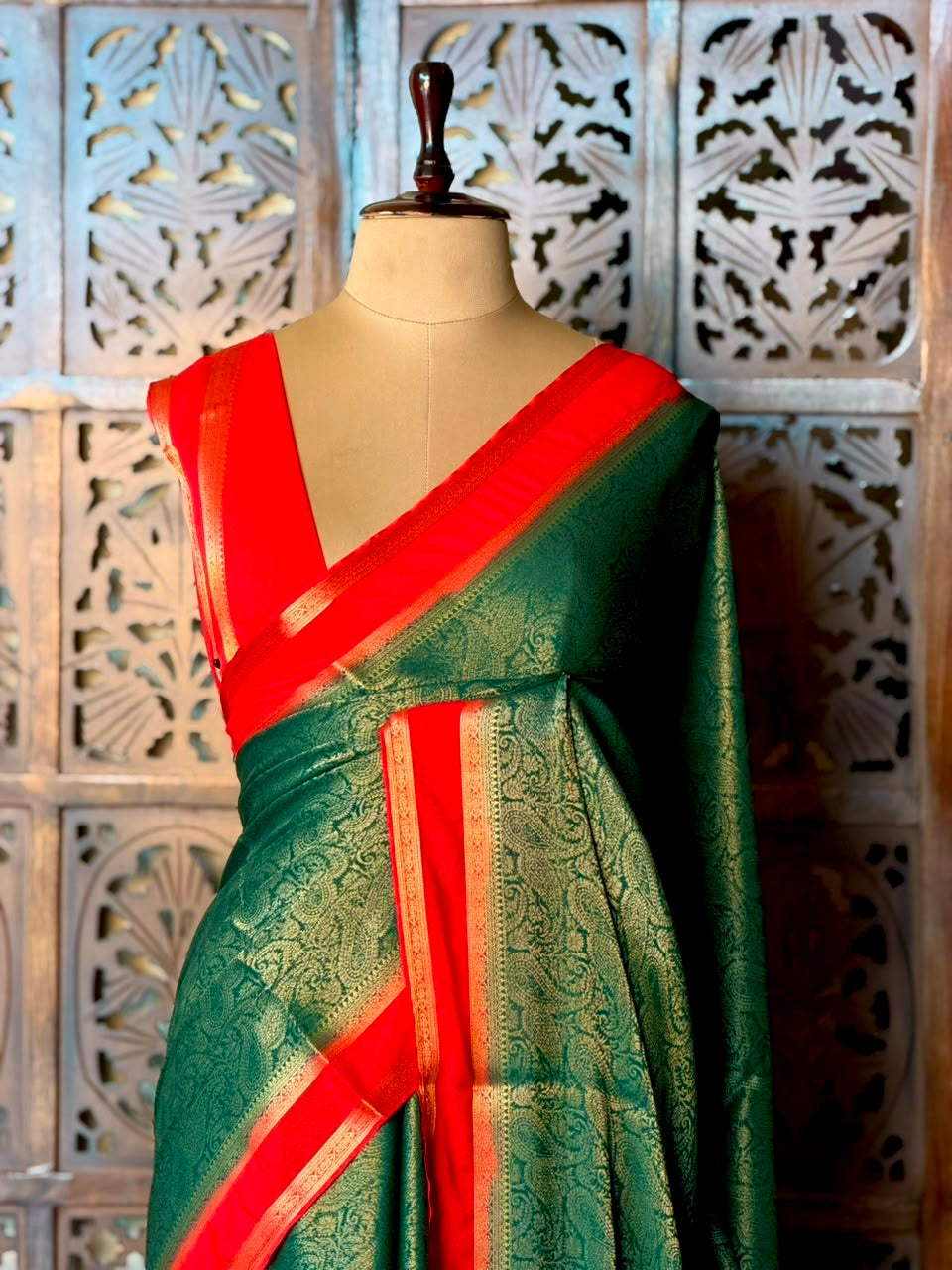 Green and Red Banarasi Crape silk saree - PBRHE1