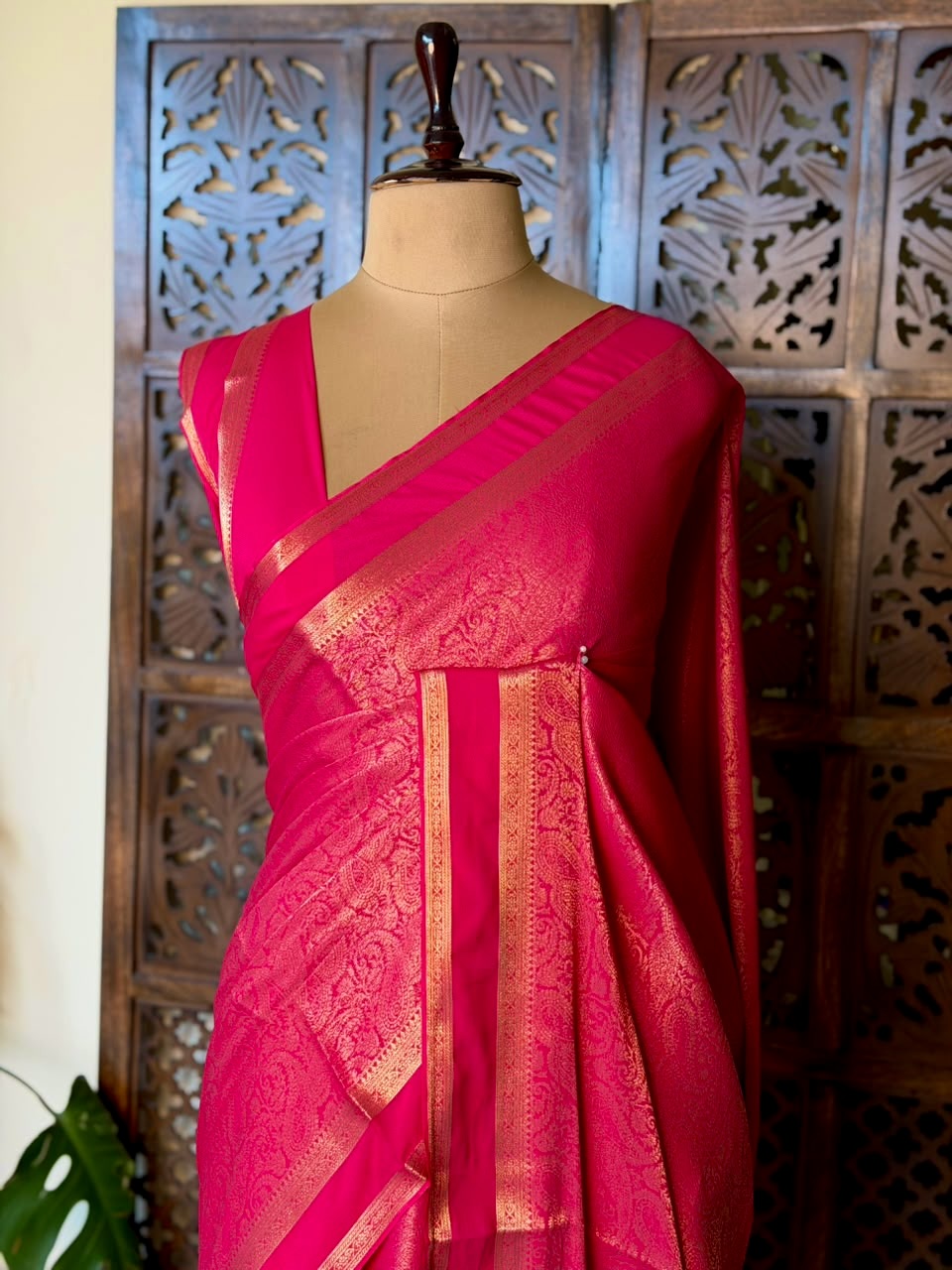 Rani Pink Banarasi Crape silk saree - PBRHE4