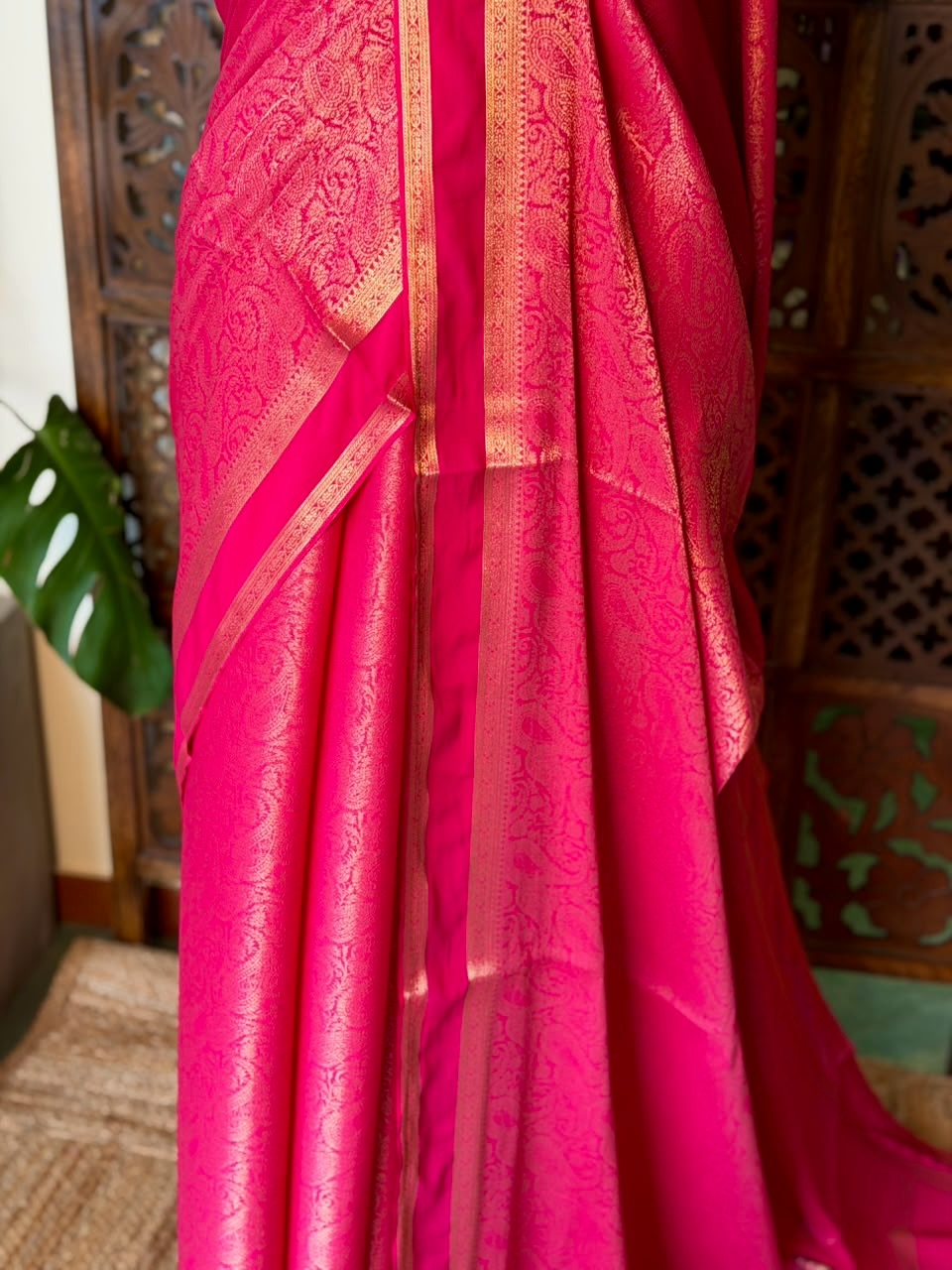 Rani Pink Banarasi Crape silk saree - PBRHE4