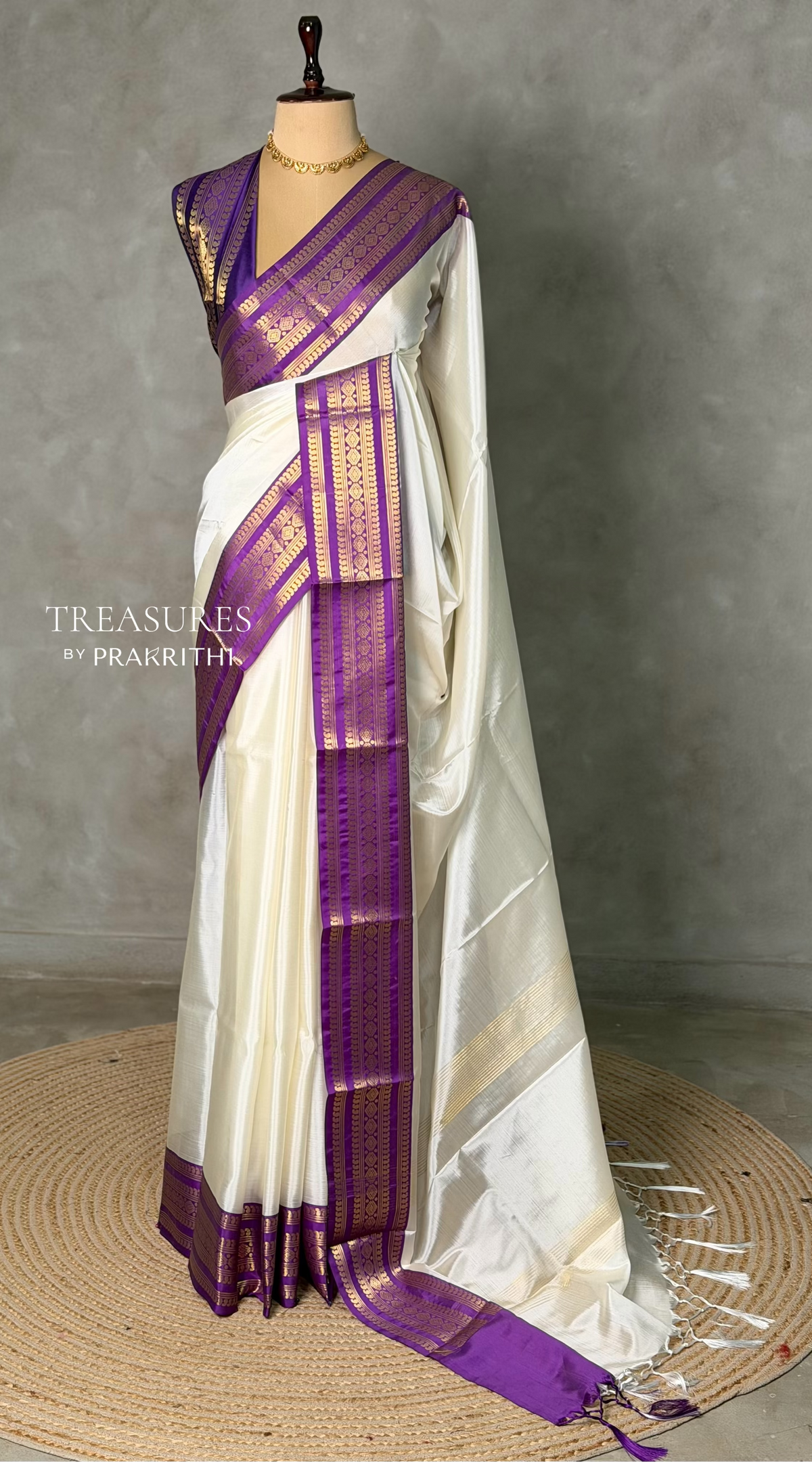 Off white and violet Banarasi silk saree -MPS44A