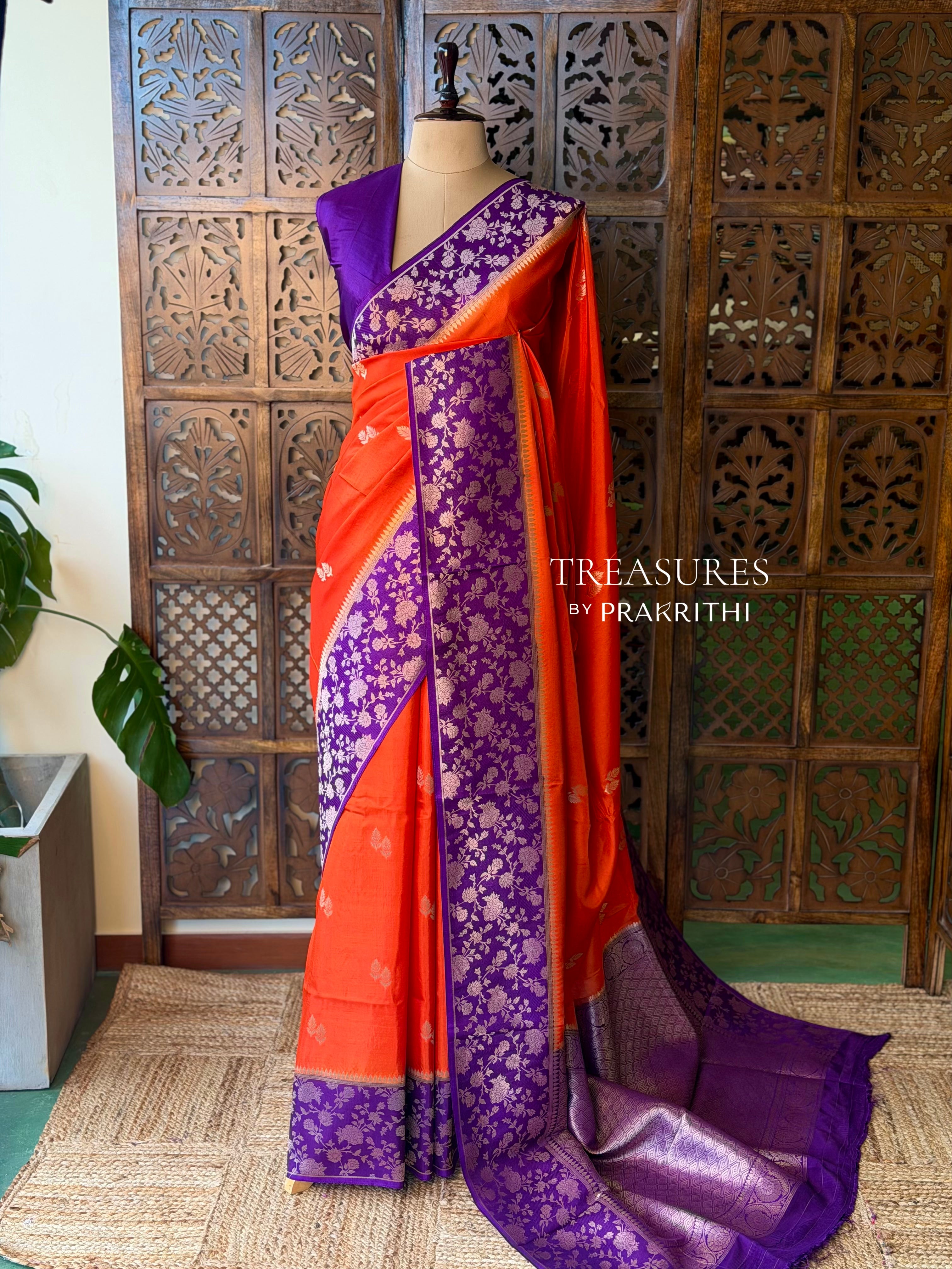 Orange and Violet Banarasi Crape silk saree - PBRHD5