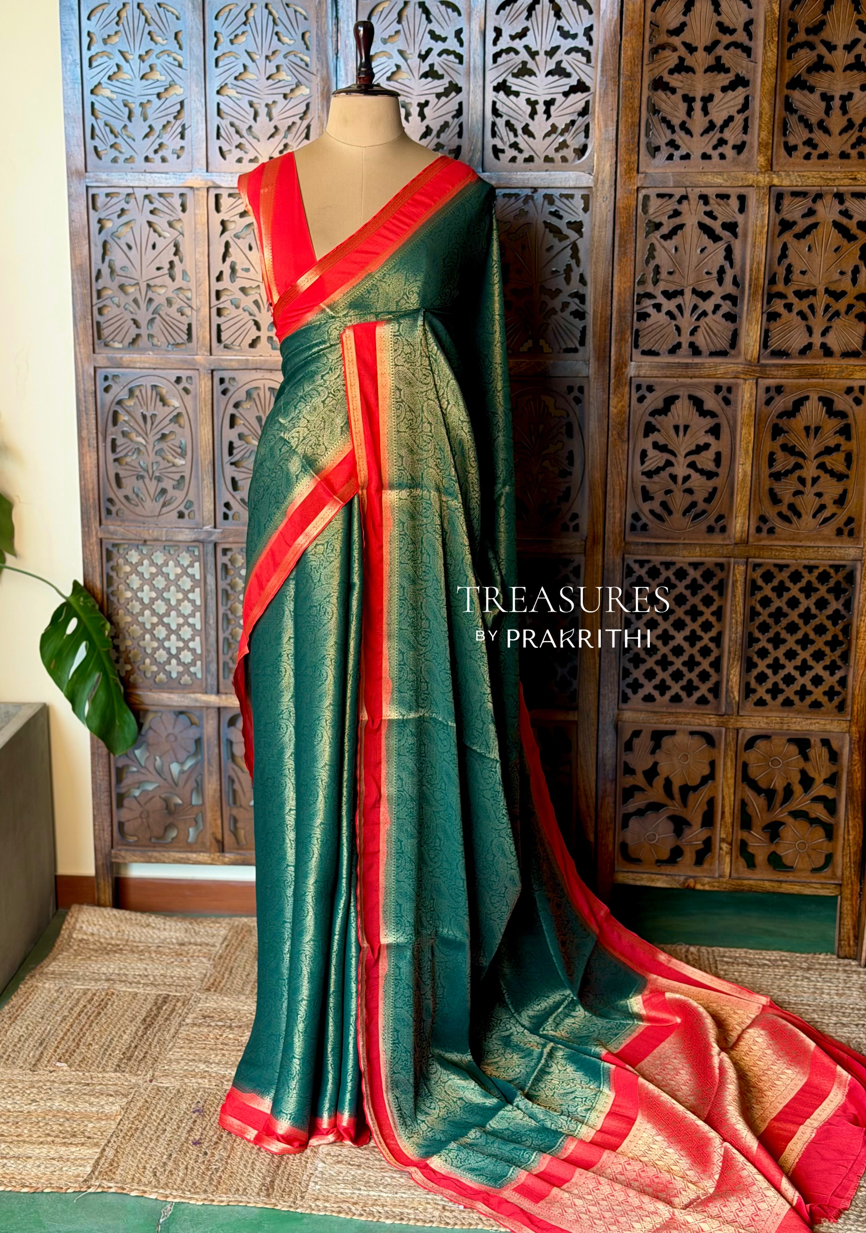 Green and Red Banarasi Crape silk saree - PBRHE1