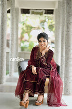 Maroon premium Handworked velvet salwar set with dupata -SLV06