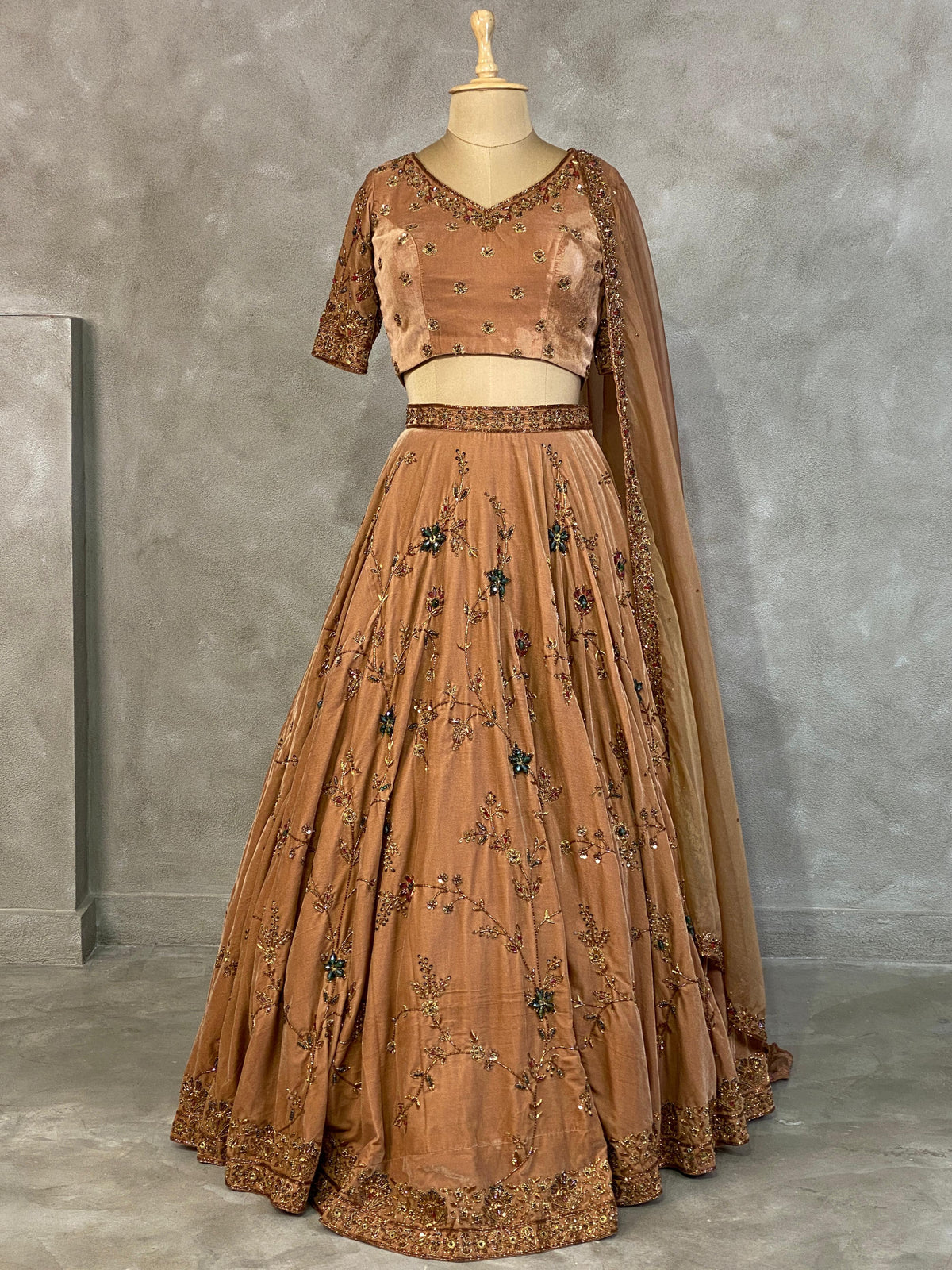 Nude gold velvet lehenga set - PVL03