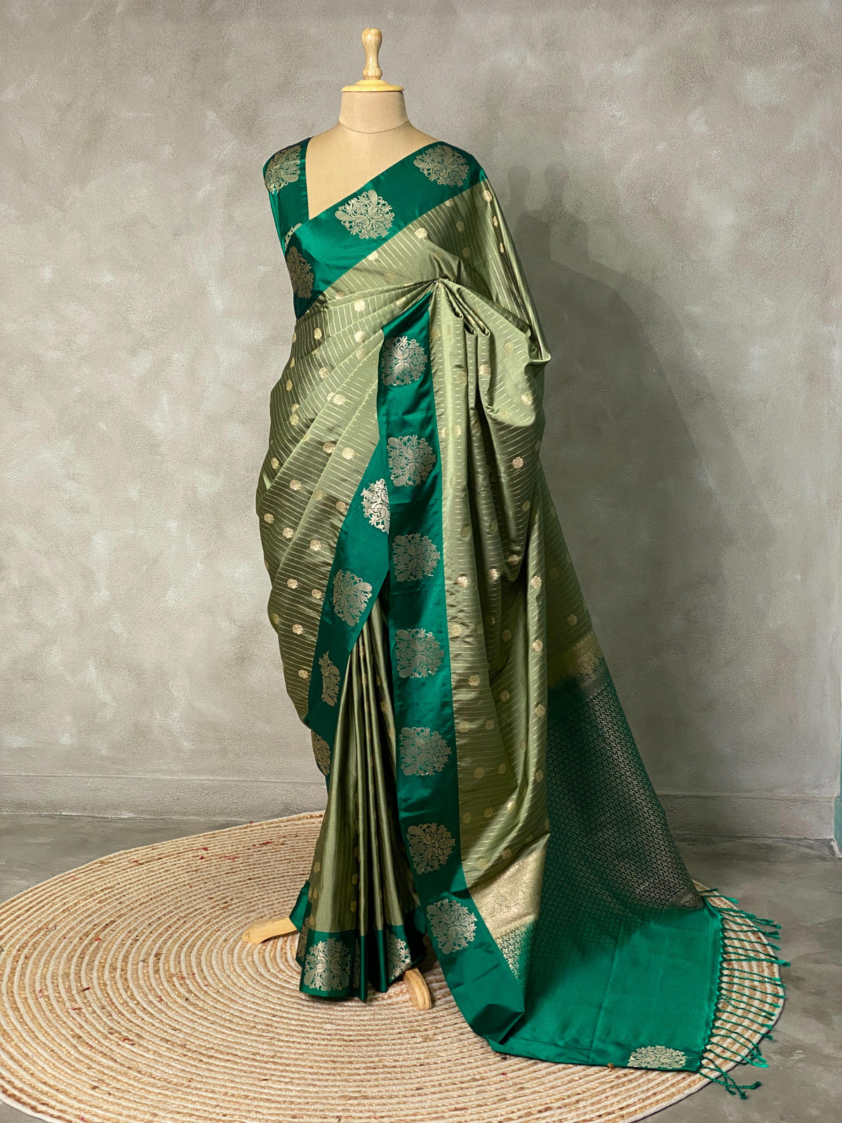 sage green and dark green pure soft silk saree - PSOFT6