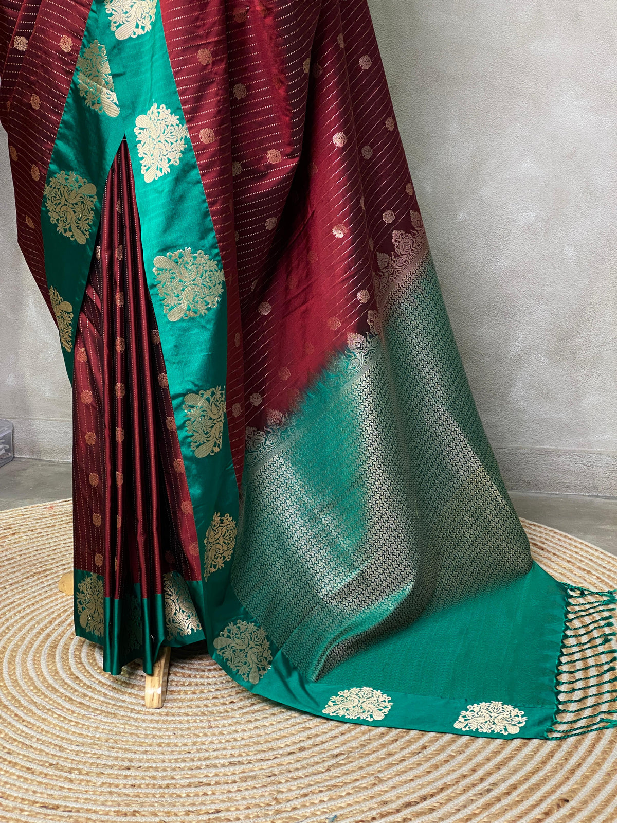 Deep maroon and green pure soft silk saree - PSOFT14