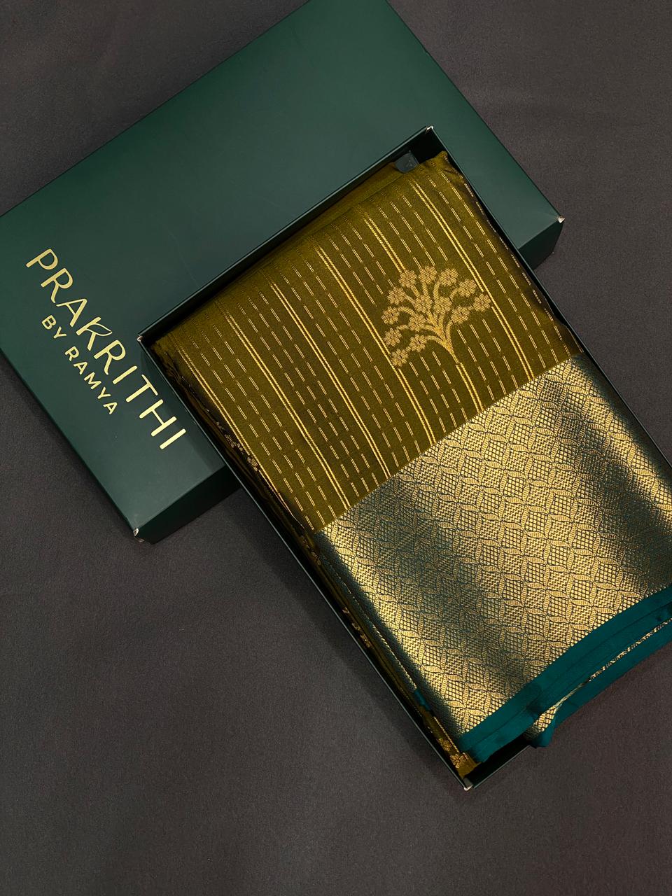 Dark olive green and peacock blue pure soft Kanchipuram Silk saree - PPSILK42