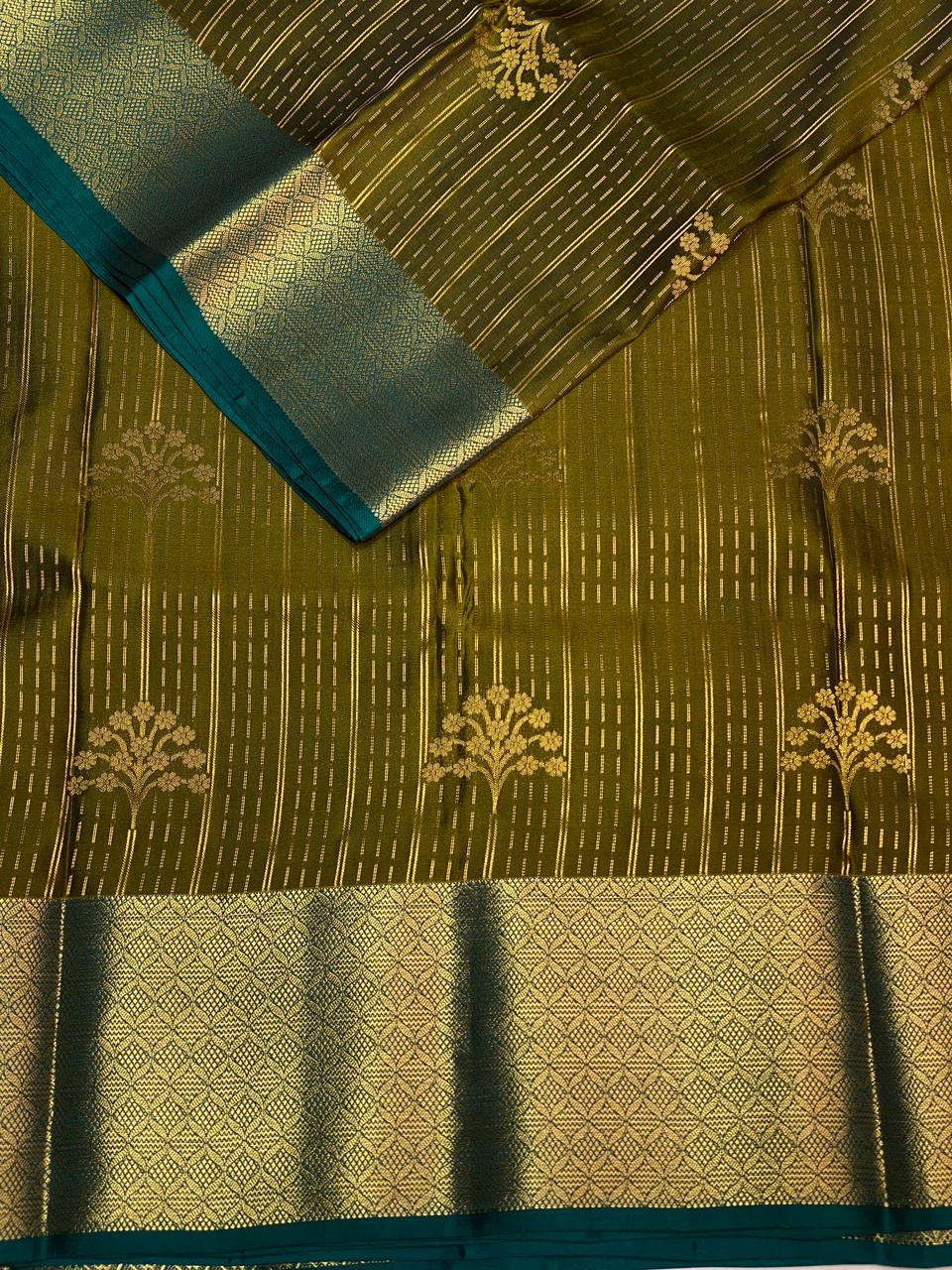 Dark olive green and peacock blue pure soft Kanchipuram Silk saree - PPSILK42