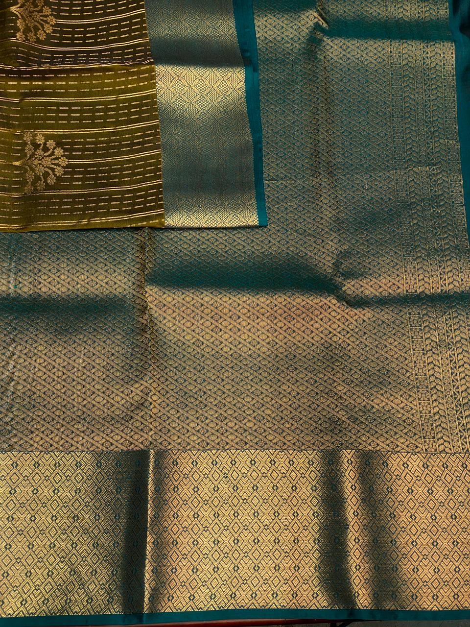 Dark olive green and peacock blue pure soft Kanchipuram Silk saree - PPSILK42
